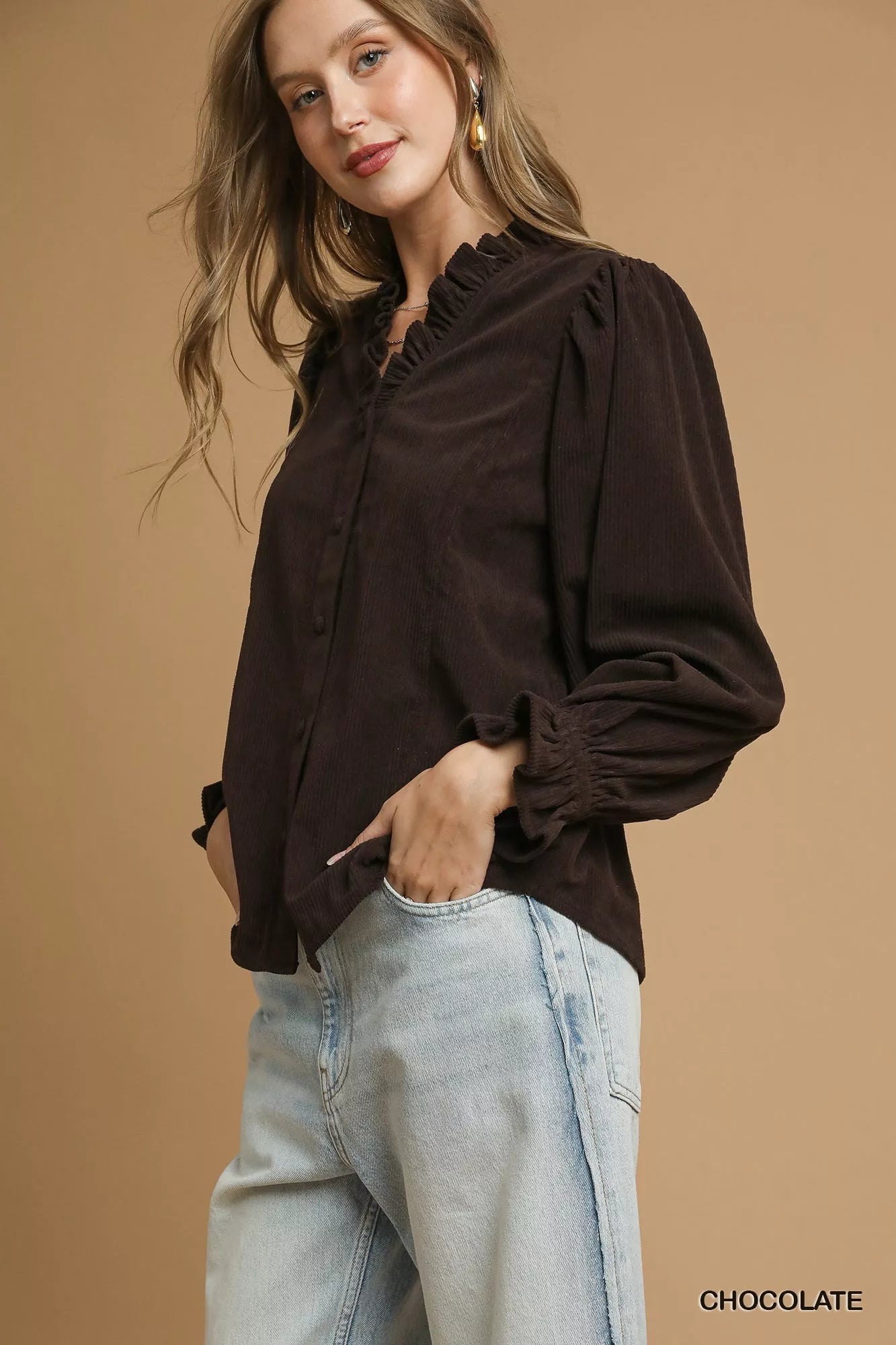 Umgee Corduroy Ruffle Shirt with Long Puff Sleeves  Shop One Place