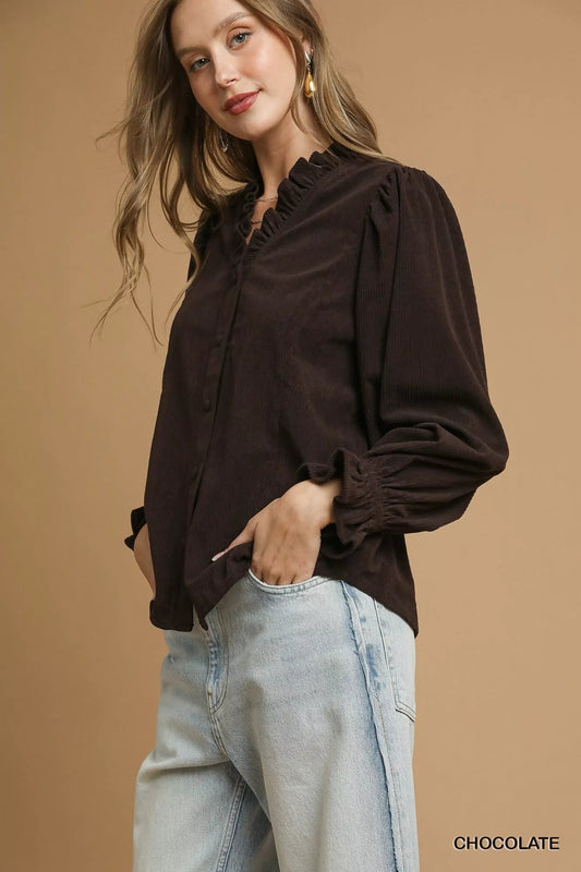 Umgee Corduroy Ruffle Shirt with Long Puff Sleeves  Shop One Place