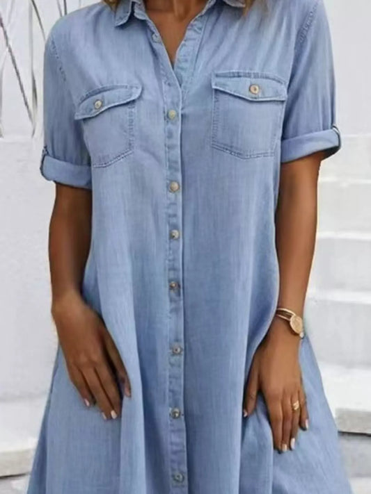 Full Size Button-Front Short Sleeve Denim Dress Plus Size  Shop One Place