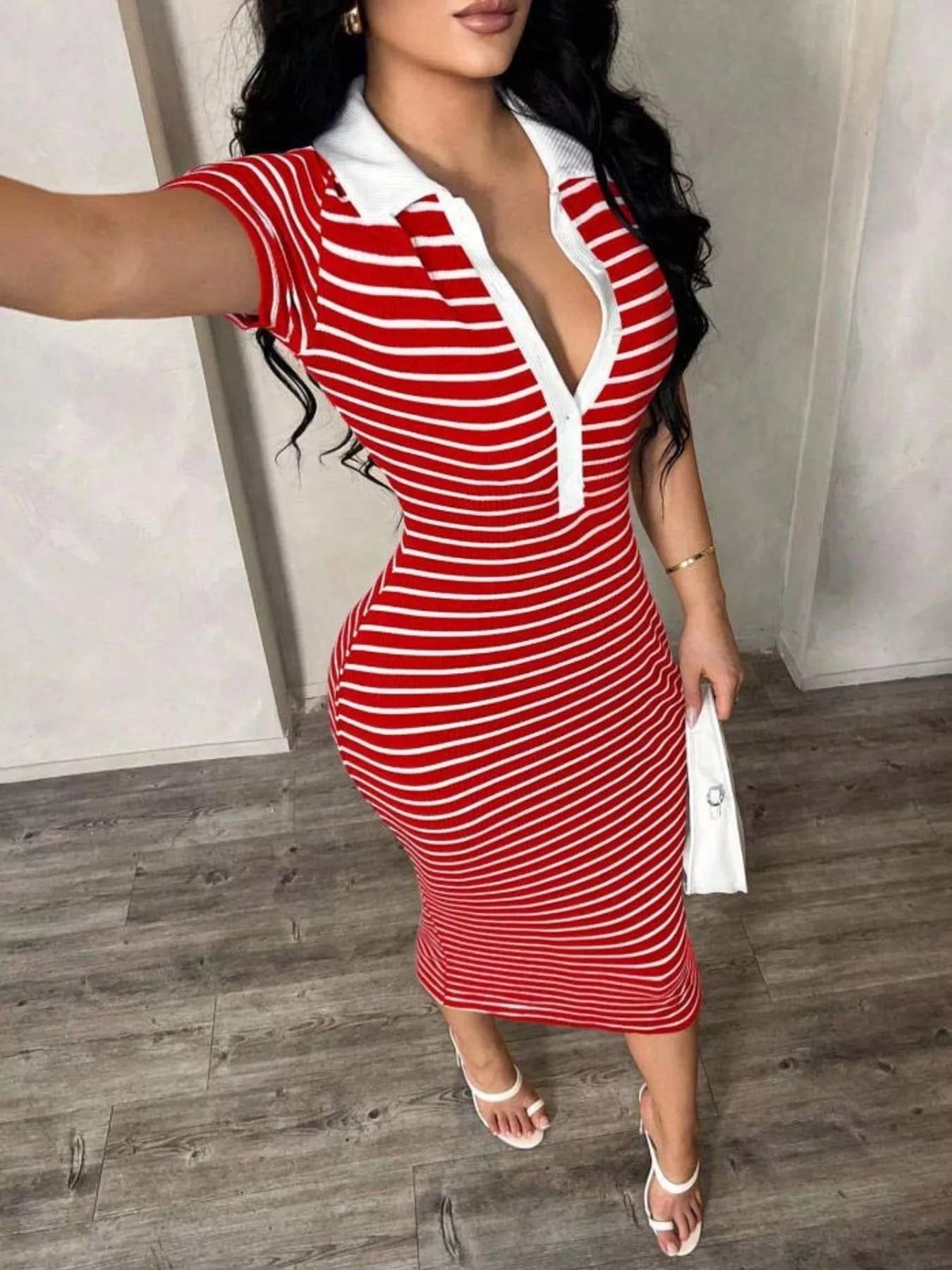 Striped Polo Collar Midi Dress  Shop One Place