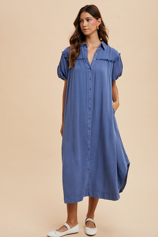 Peacock Blue Annie Wear Mineral Washed Button Down Puff Sleeve Shirt Dress