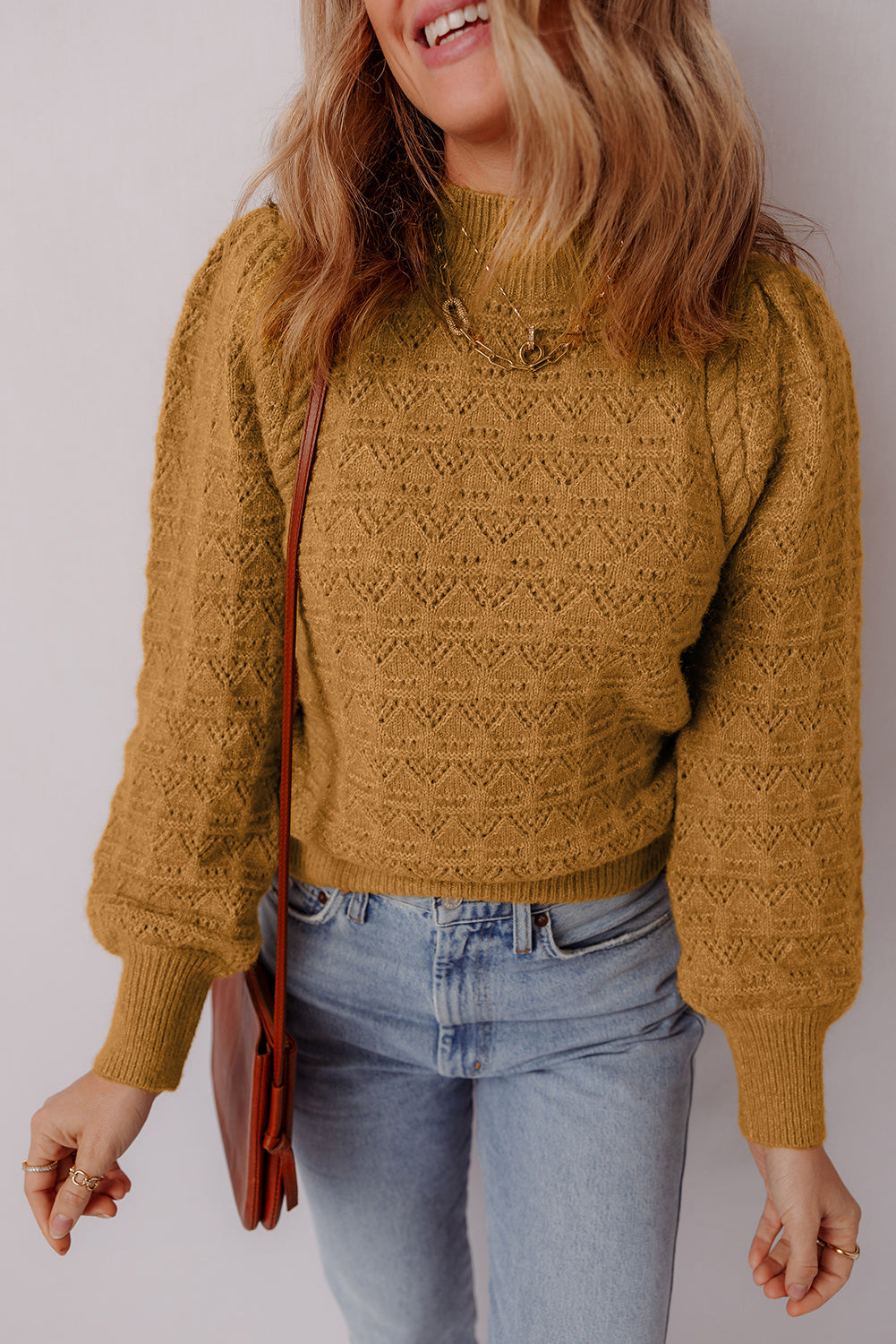 Jurassic Gold Hollow Out Crochet Ribbed Edge Balloon Sleeve Sweater  Shop One Place