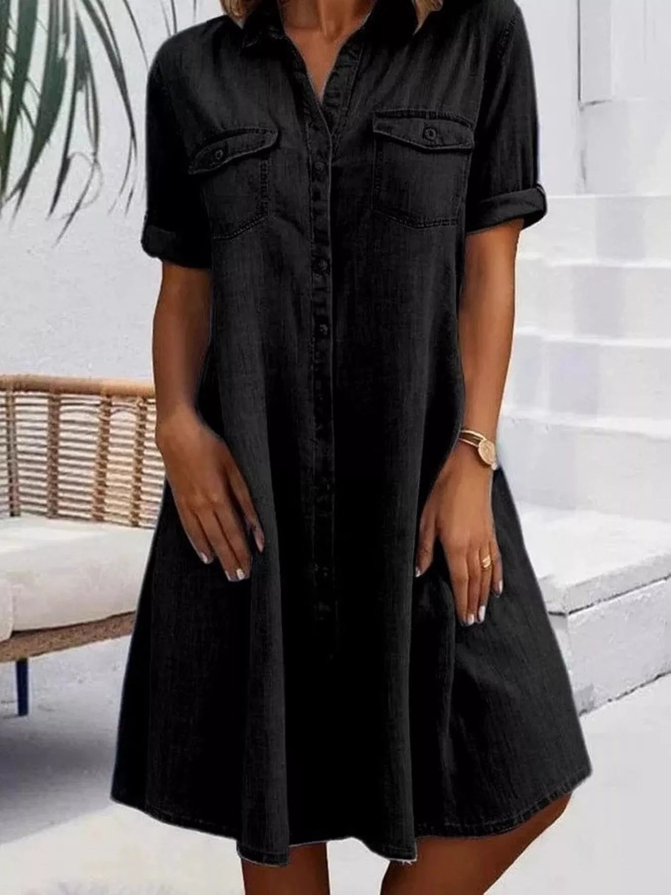Full Size Button-Front Short Sleeve Denim Dress Plus Size  Shop One Place