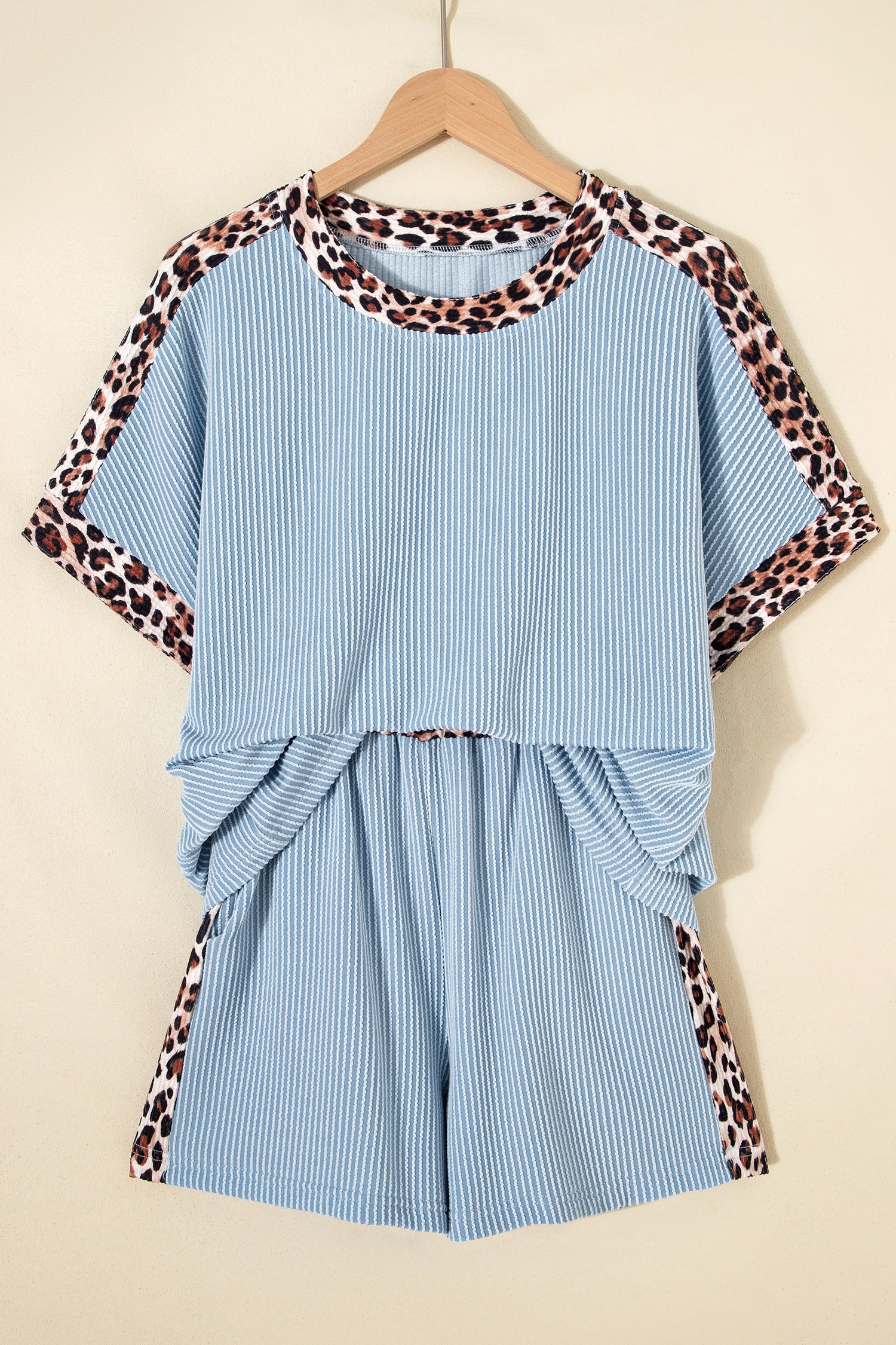 Sky Blue Leopard Trim Twist Ribbed Short Set  Shop One Place