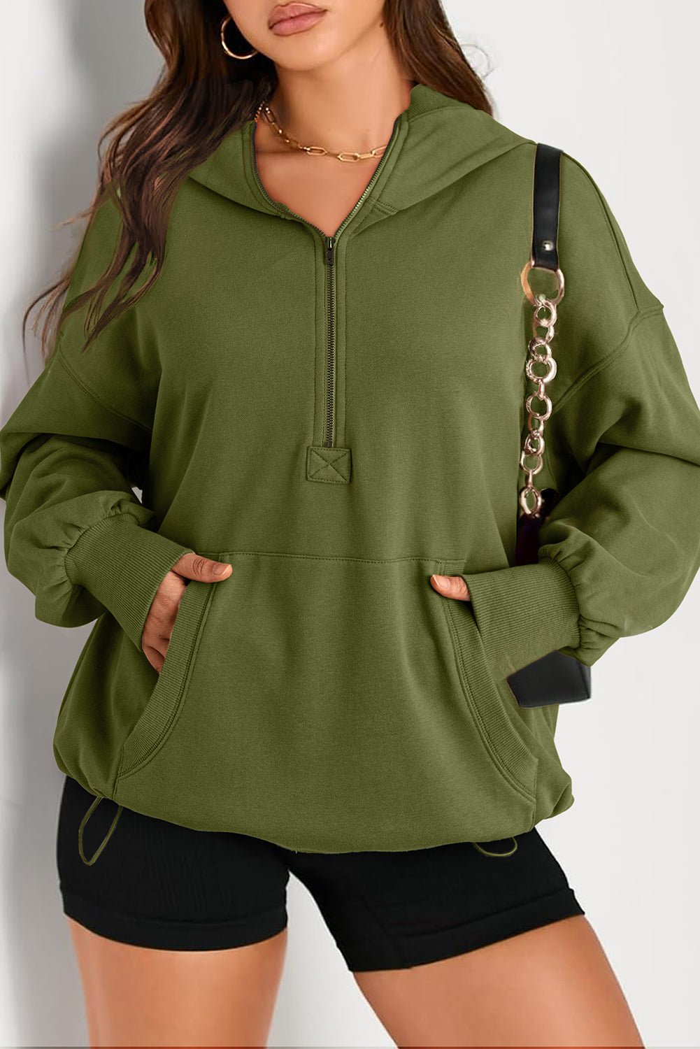 Moss Green Kangaroo Pocket Half Zipper Oversized Hoodie