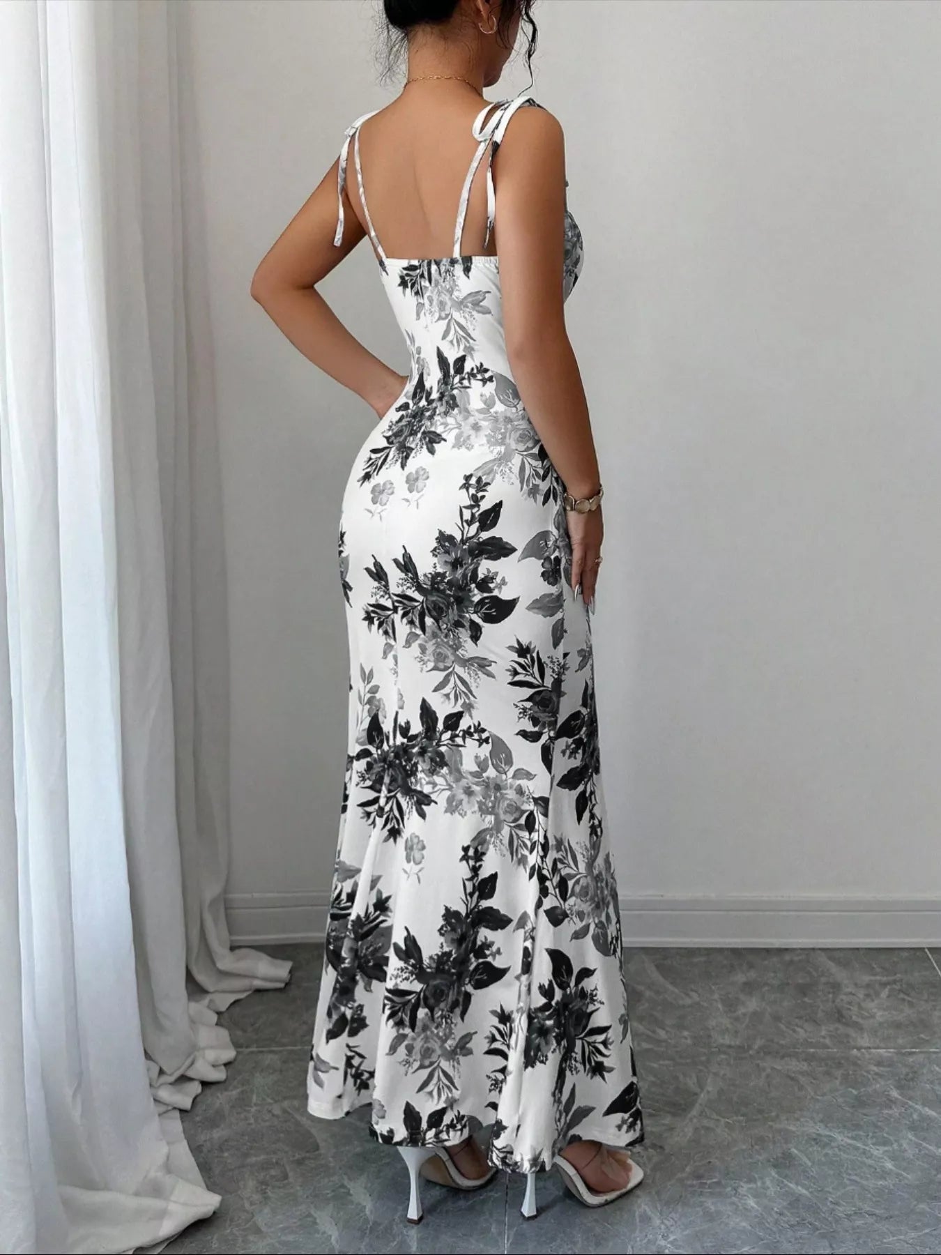 Printed Tie Strap Slit Maxi Dress  Shop One Place