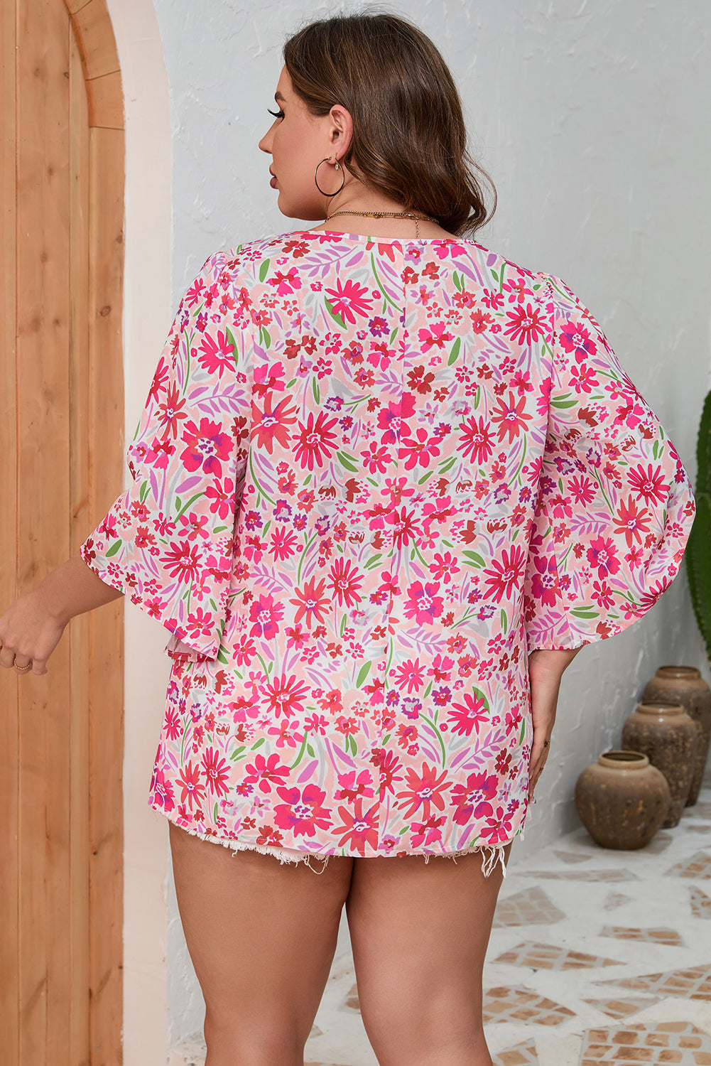 Pink Floral Ruffled Half Sleeve V-Neck Plus Size Blouse