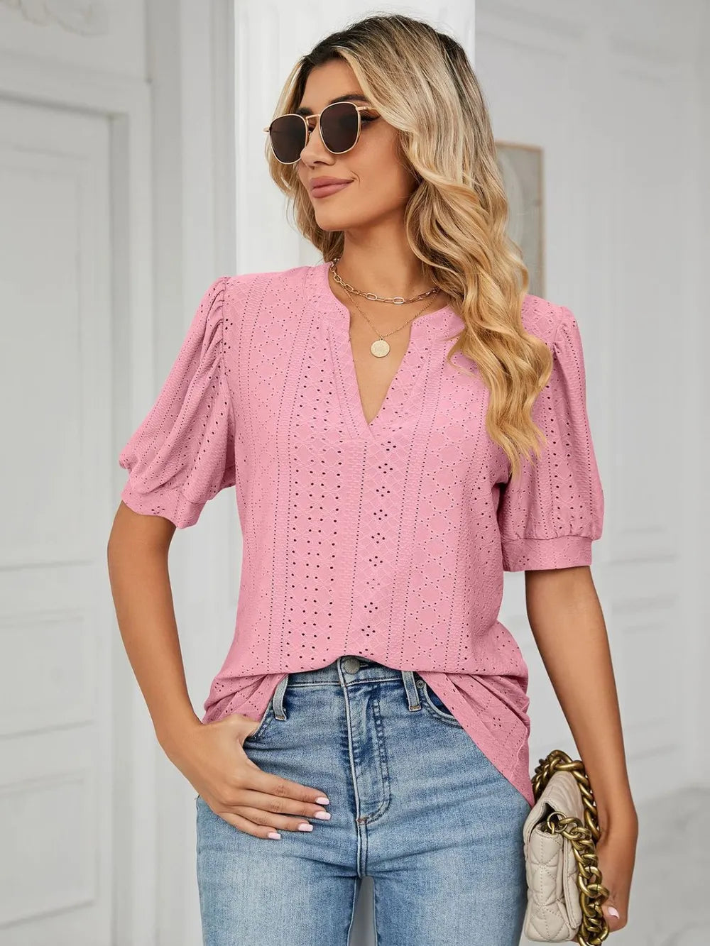 Florira Eyelet Notched Short Sleeve T-Shirt  Shop One Place