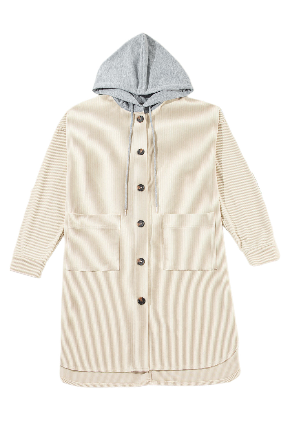 Beige Oversized Hooded Patchwork Corduroy Shacket