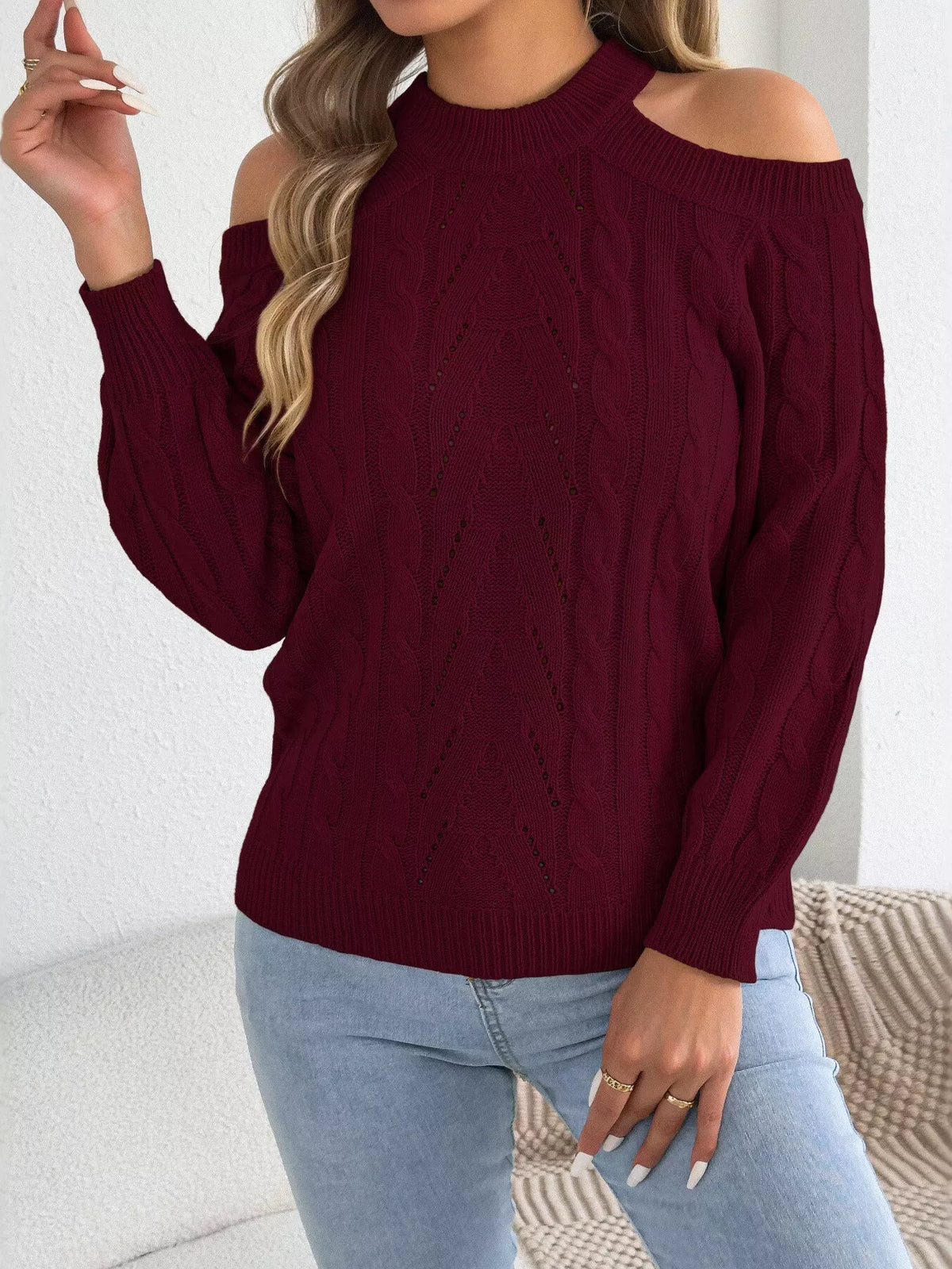 Women's Cold Shoulder Cable Knit Sweater – view 19