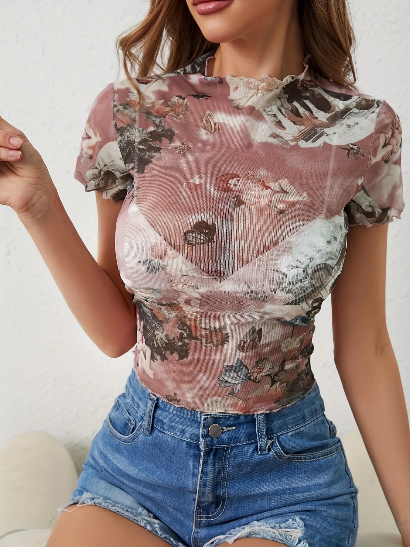 Abstract Print Ruffled Mock Neck Crop T-Shirt  Shop One Place