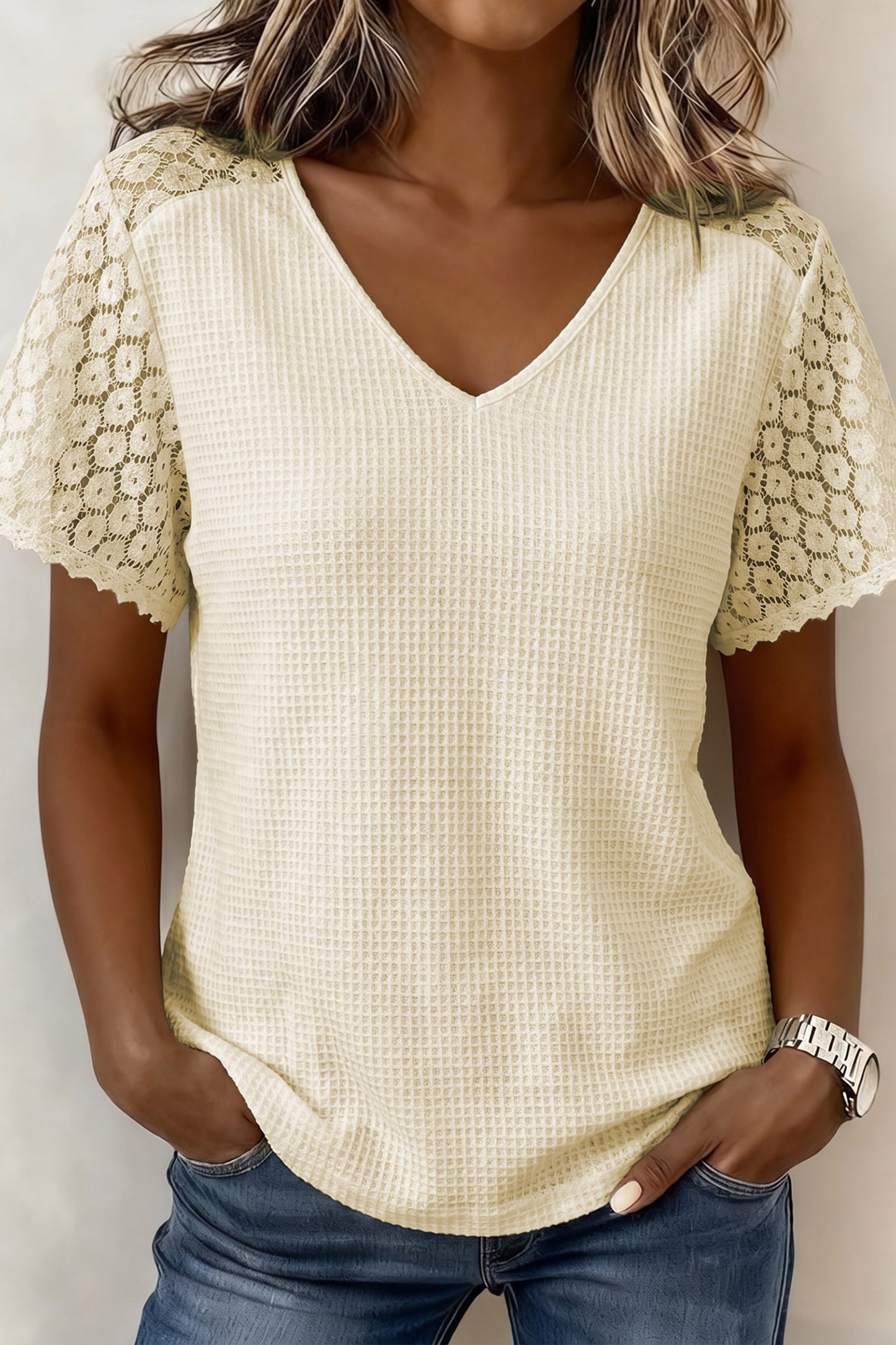 Pink Lace Splicing Button Cutout V Neck Waffle Knit Blouse  Shop One Place