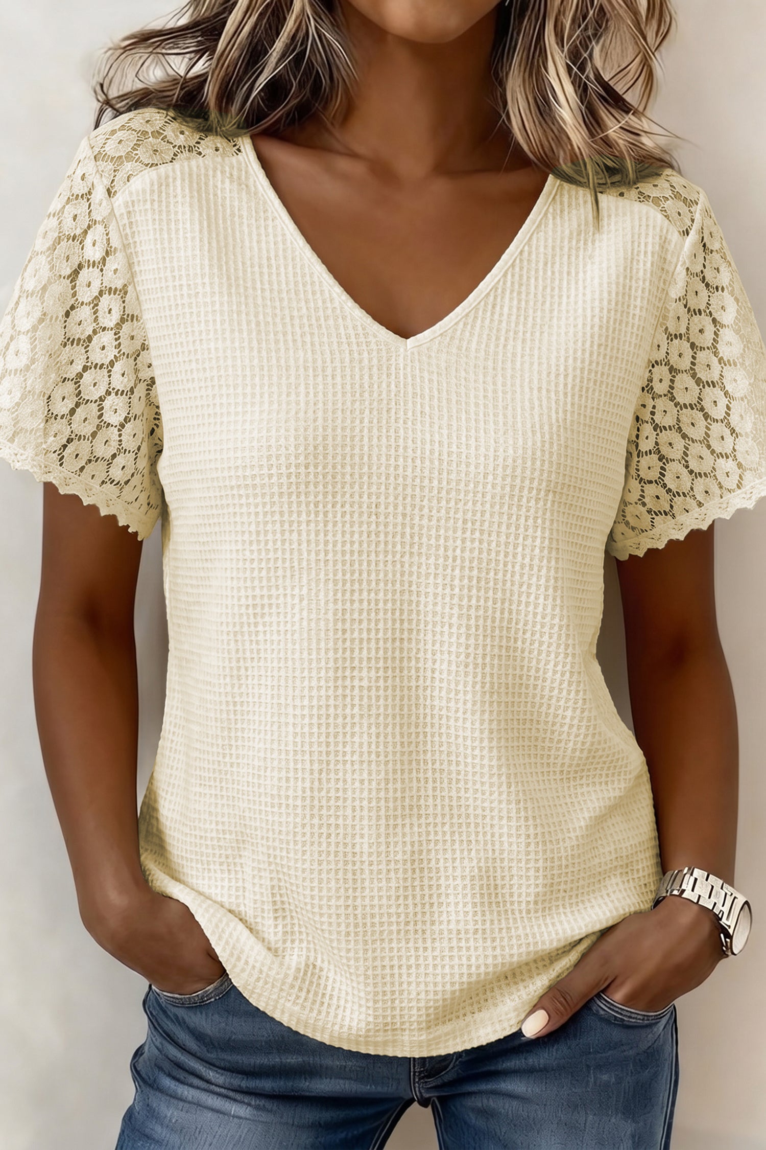 Pink Lace Splicing Button Cutout V Neck Waffle Knit Blouse  Shop One Place