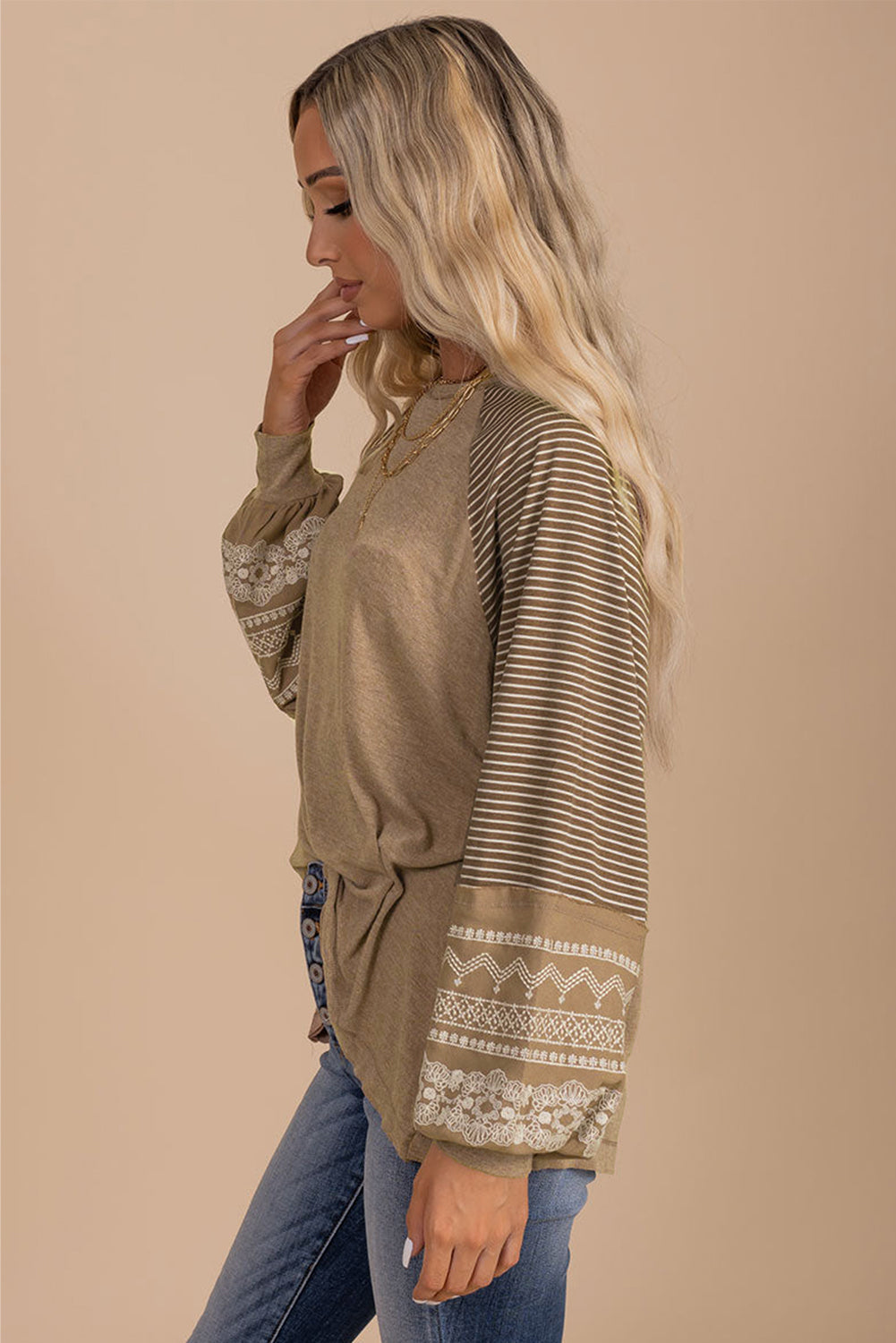 Gray Contrast Print Striped Raglan Long Sleeve Loose Top  Shop One Place