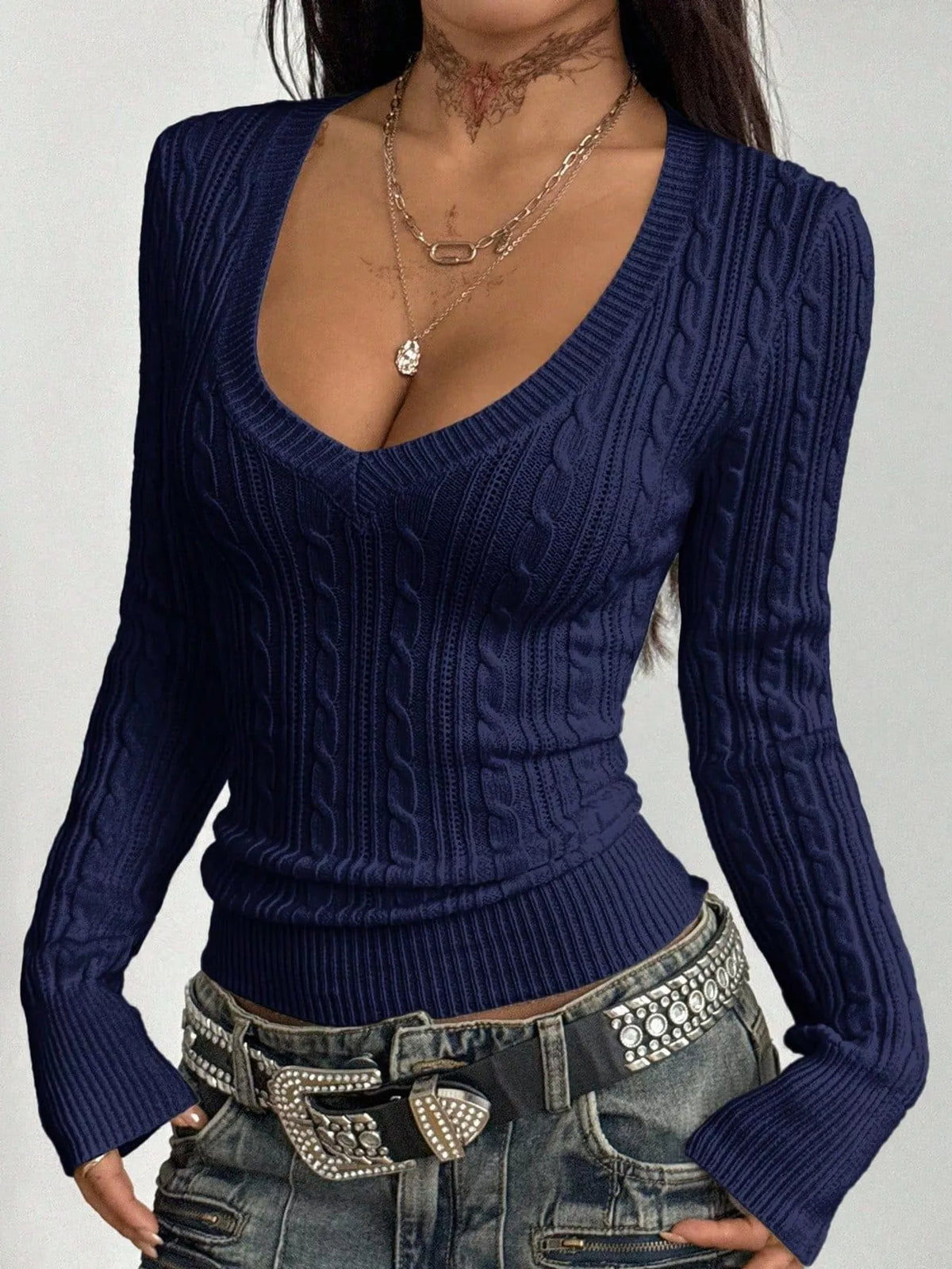 Women's Deep V-Neck Cable Knit Sweater – view 16