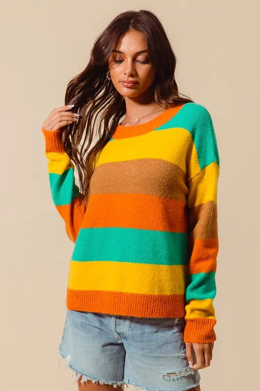SO ME Multi Color Stripe Sweater with Ribbed Detail  Shop One Place