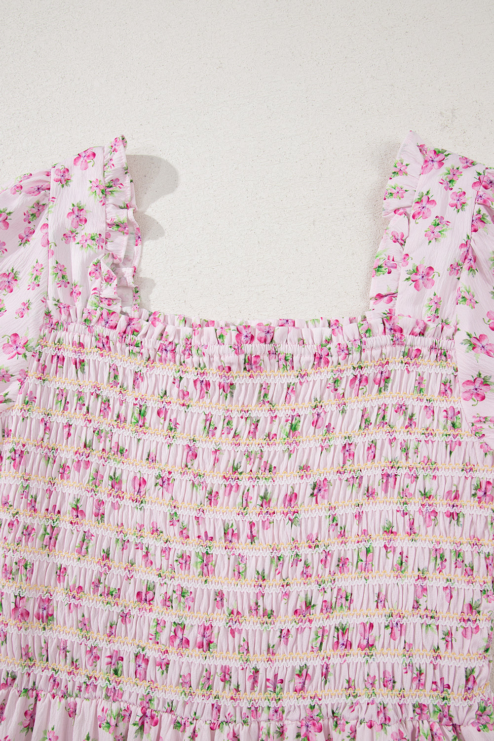 White Frill Neckline Shirred Bodice Floral Maxi Dress  Shop One Place