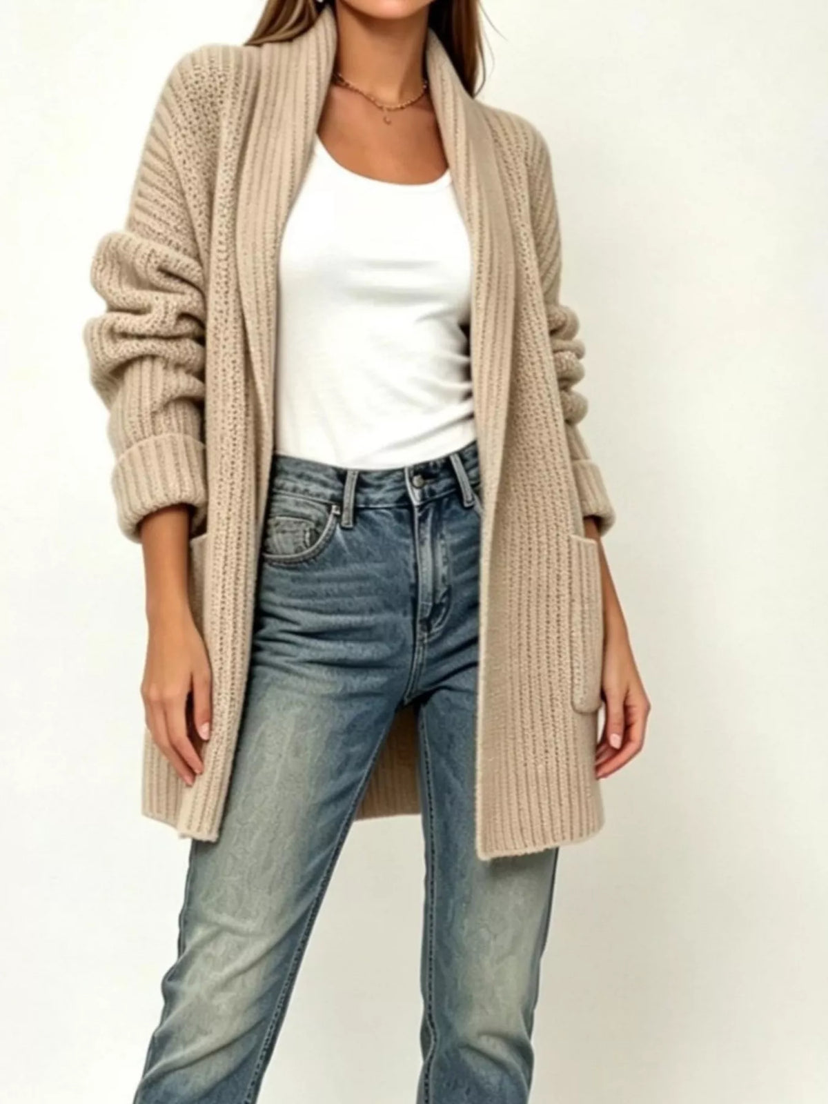 Full Size Open-Front Cardigan with Pockets Plus Size  Shop One Place