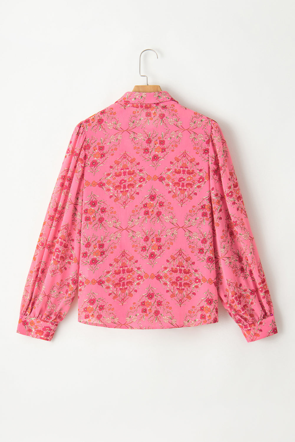 Strawberry Pink Floral Print Collared Button Up Puff Sleeve Shirt  Shop One Place