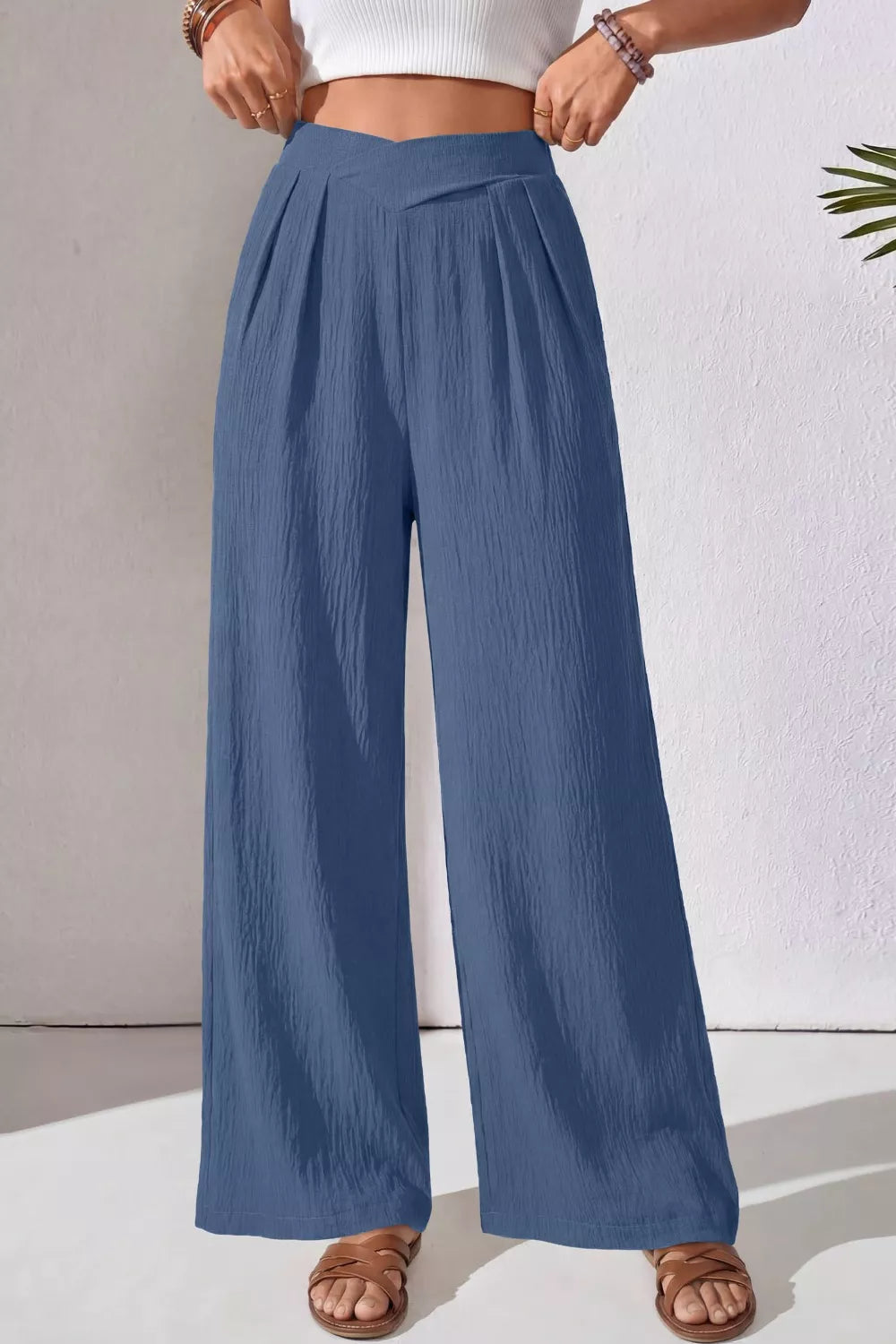 Solid Color Textured Crossed Waist Loose Pants  Shop One Place
