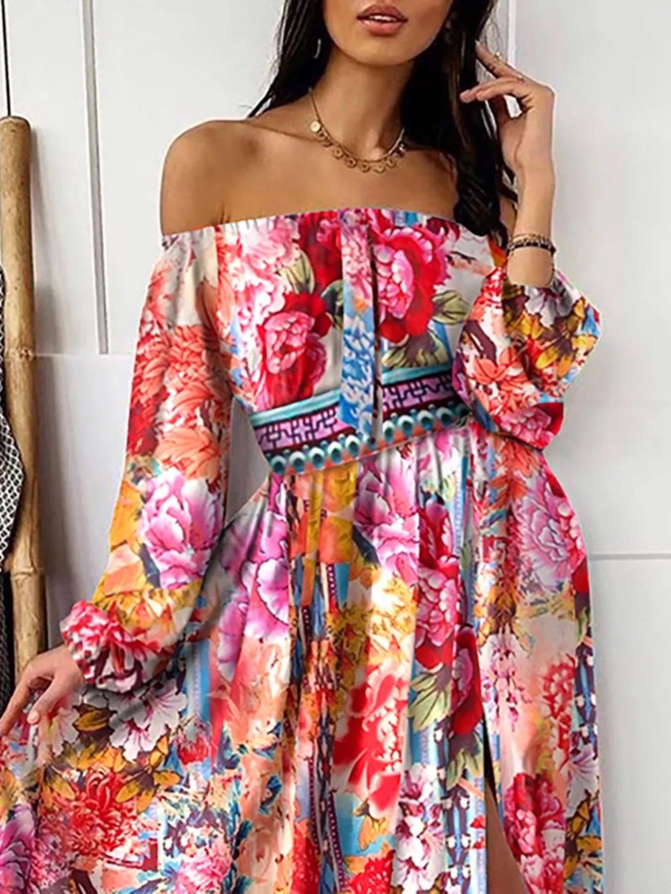 Slit Printed Off Shoulder Maxi Dress  Shop One Place