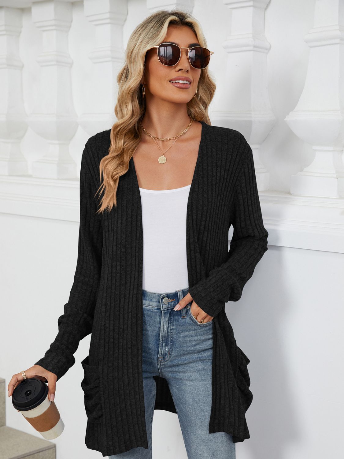Pocketed Open Front Long Sleeve Cardigan  Shop One Place