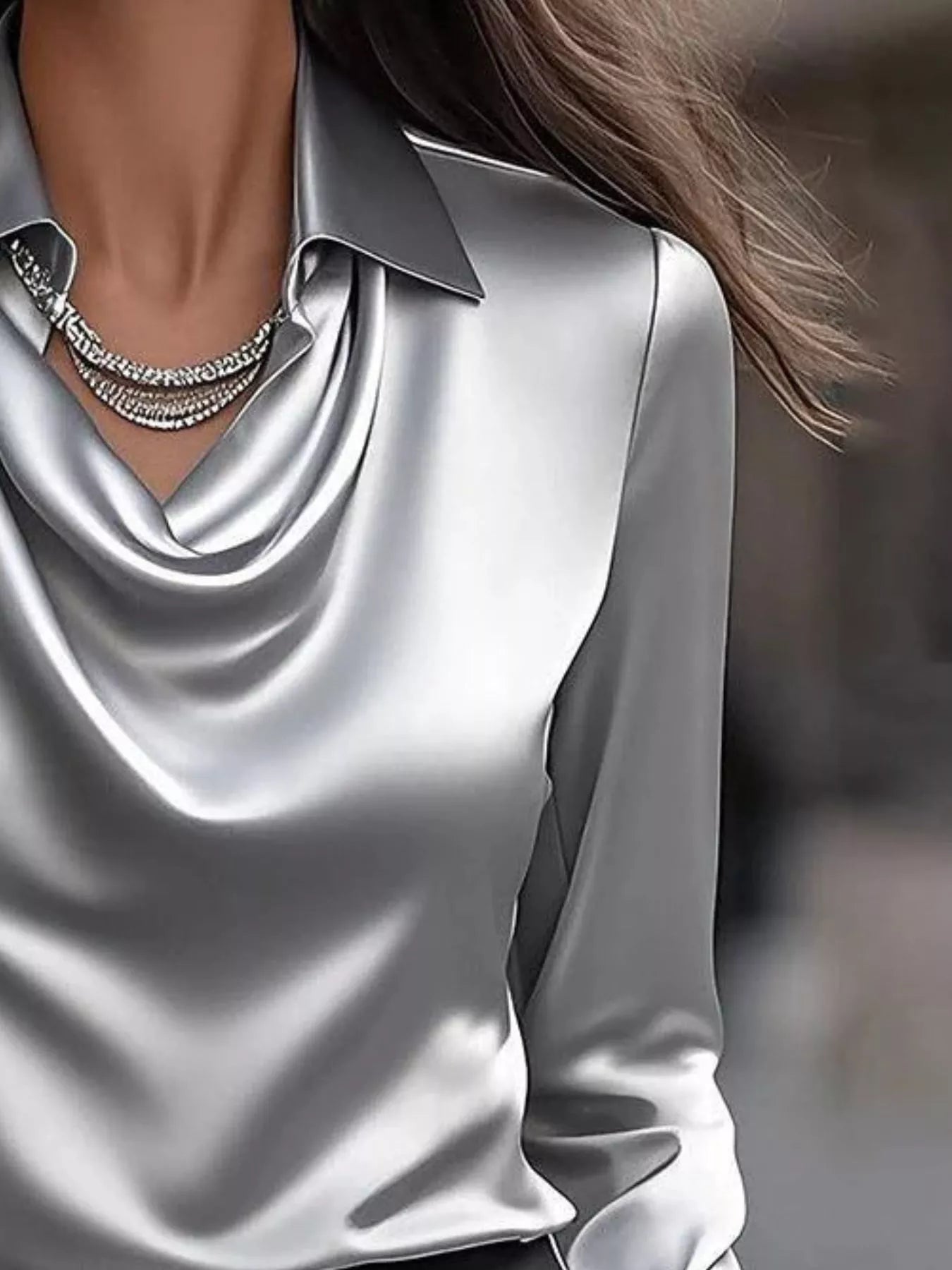 Ruched Long Sleeve Drape Collar Blouse  Shop One Place