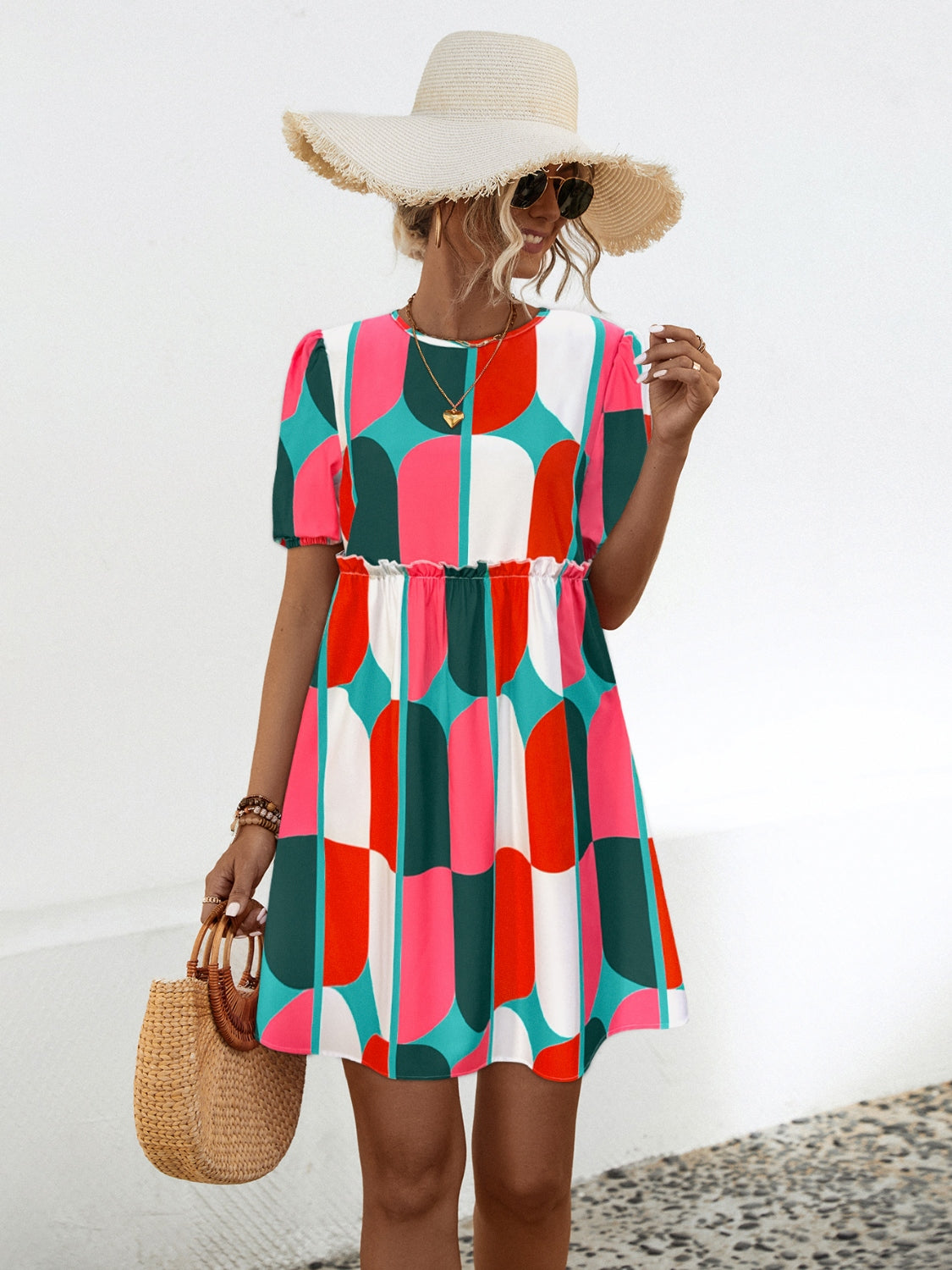 Geometric Frill Round Neck Short Sleeve Dress