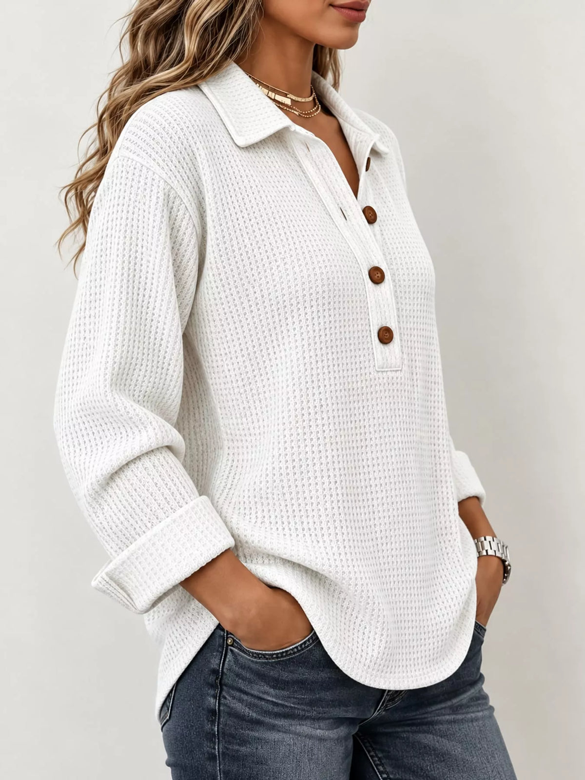 Women's Waffle Knit Long Sleeve Polo Top – view 21