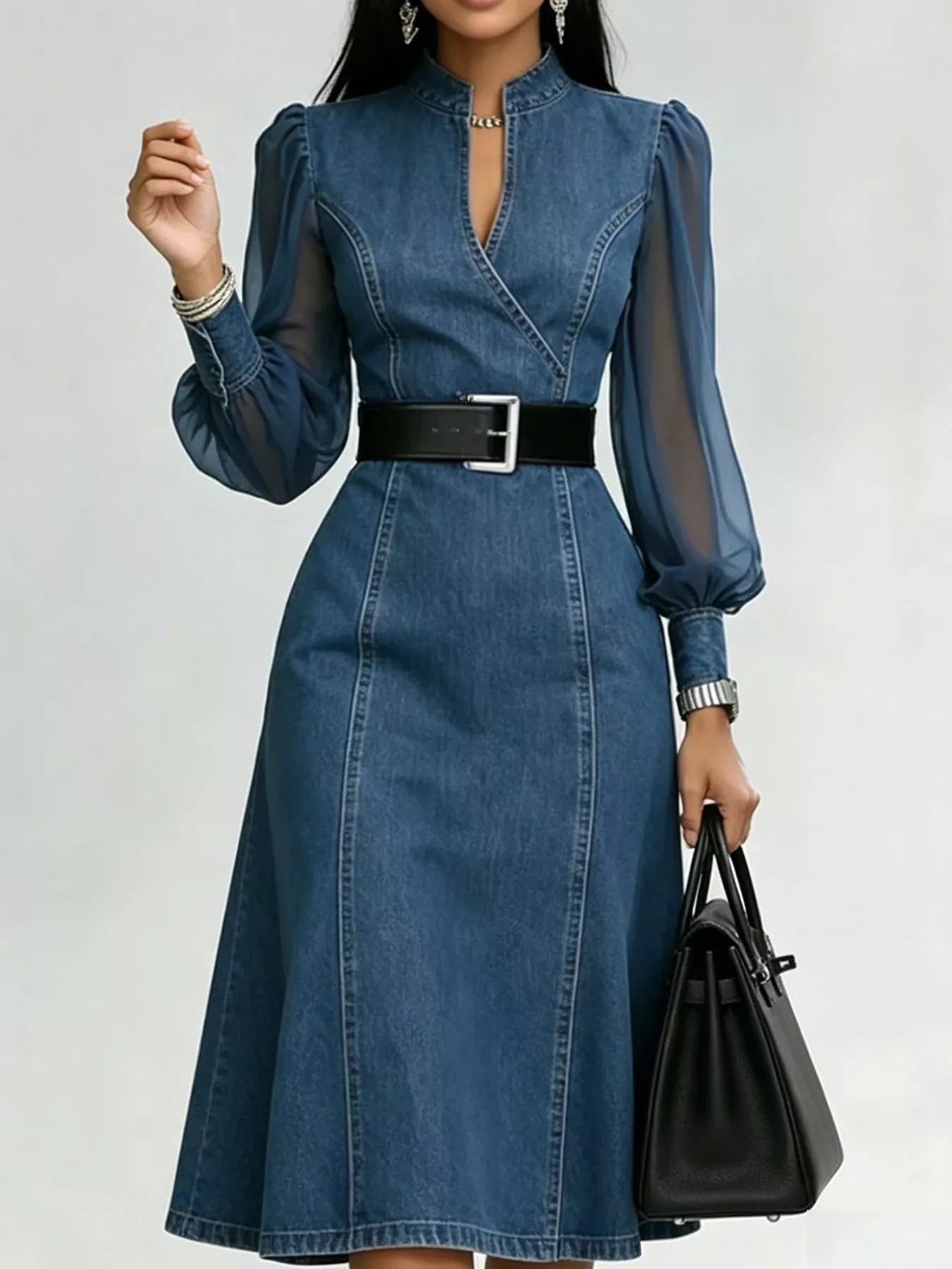Denim Midi Dress with Sheer Sleeves  Shop One Place