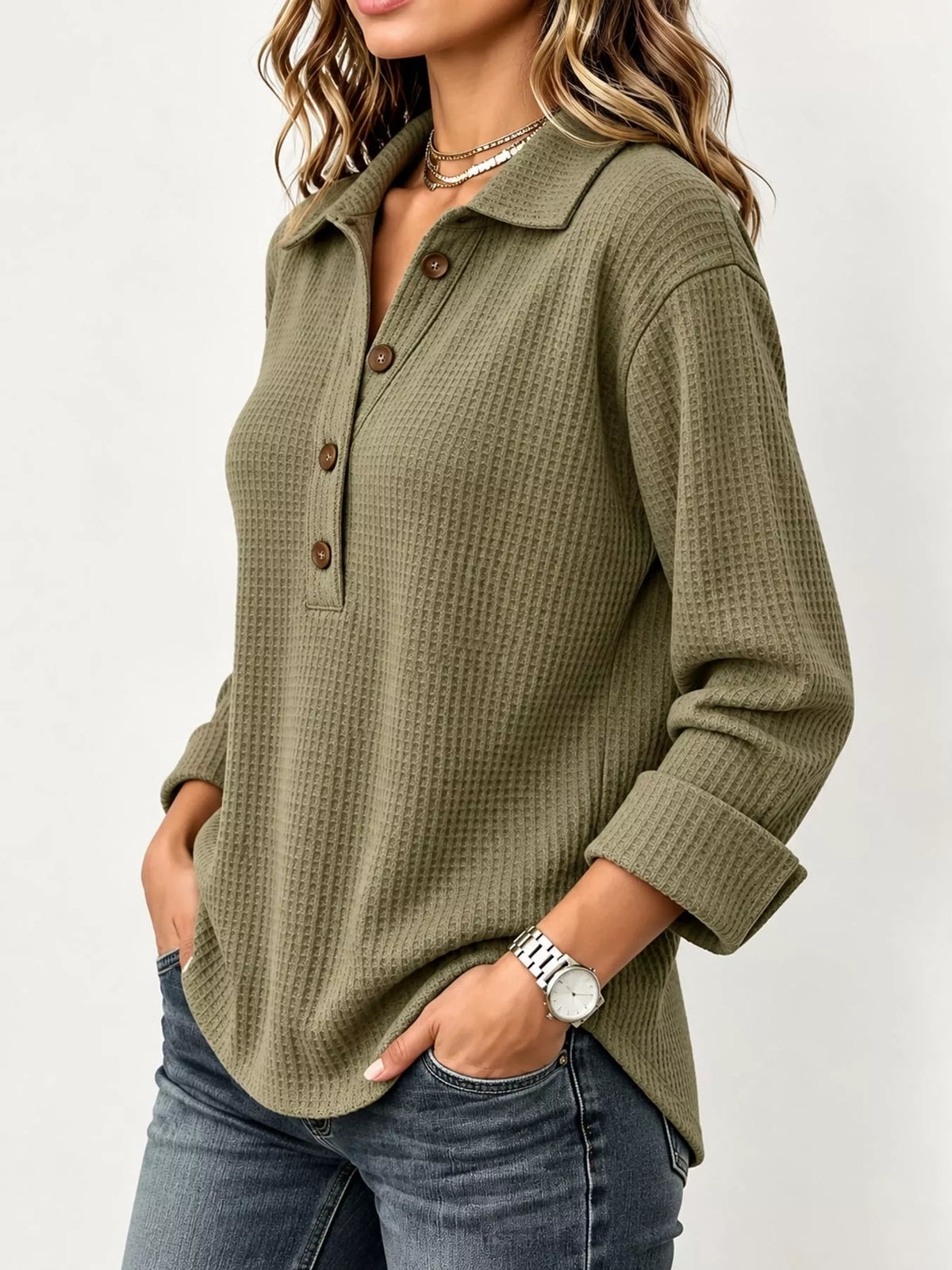 Women's Waffle Knit Long Sleeve Polo Top – view 7