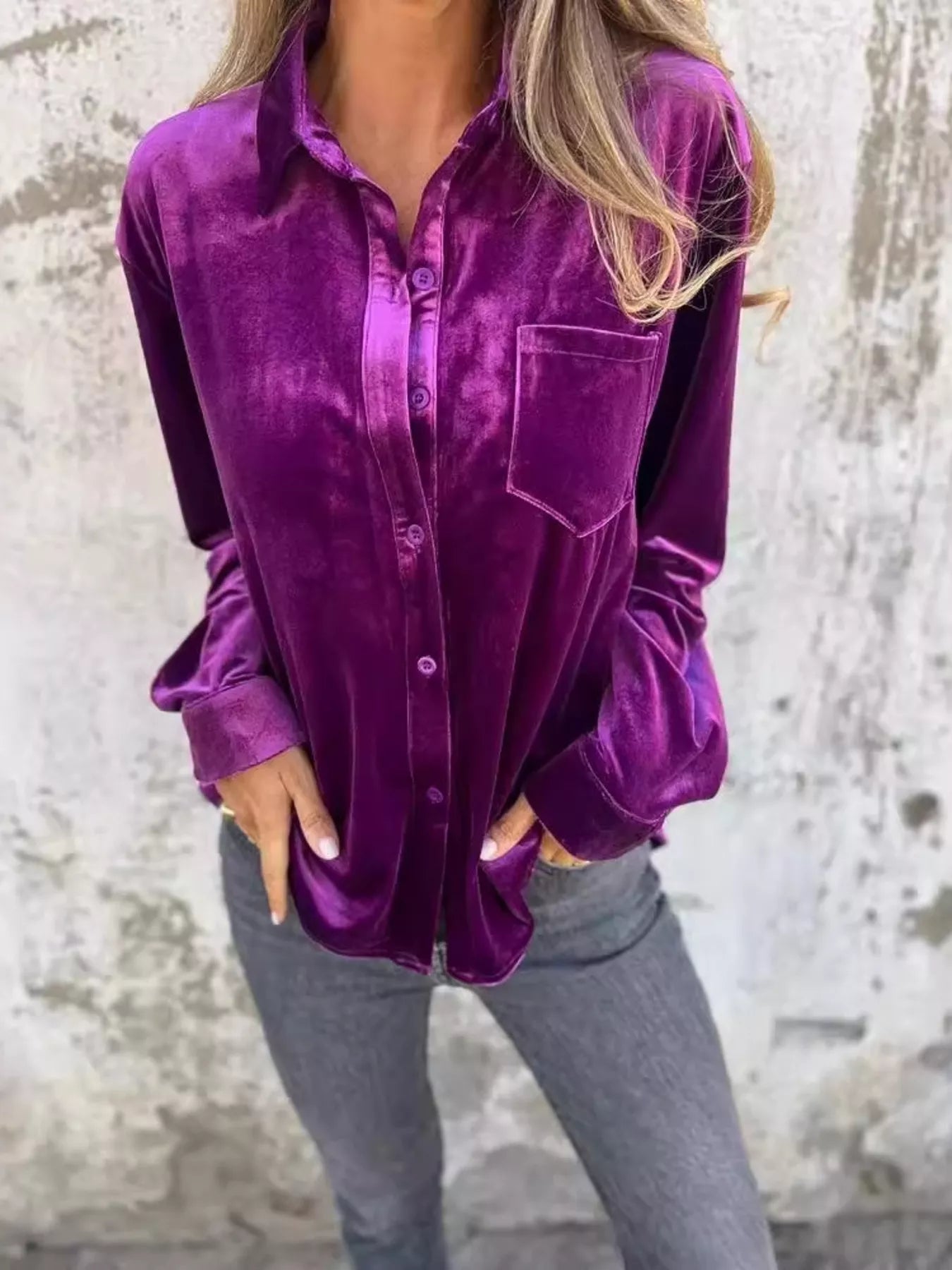 Full Size Velvet Button-Up Long Sleeve Shirt Plus Size  Shop One Place