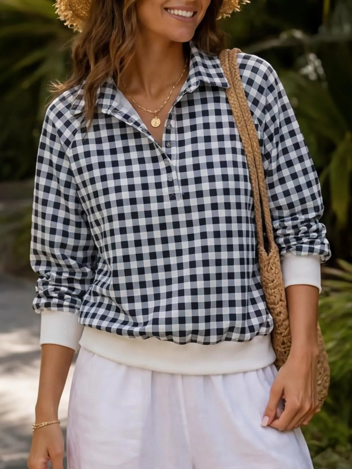 Women's Gingham Plaid Collared Sweatshirt – view 4