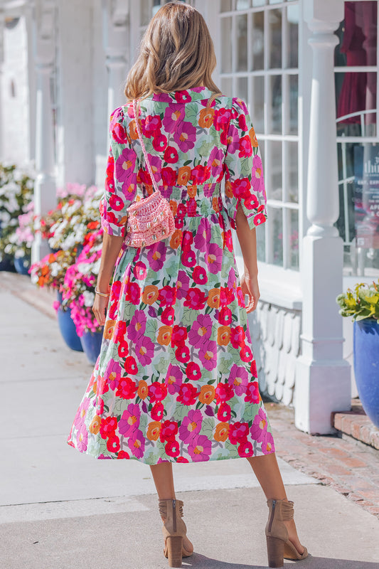 Floral Print Zip-Up Dress – Women’s V-Neck Smocked Waist Puffy Sleeve A-Line Dress in Rose  Shop One Place