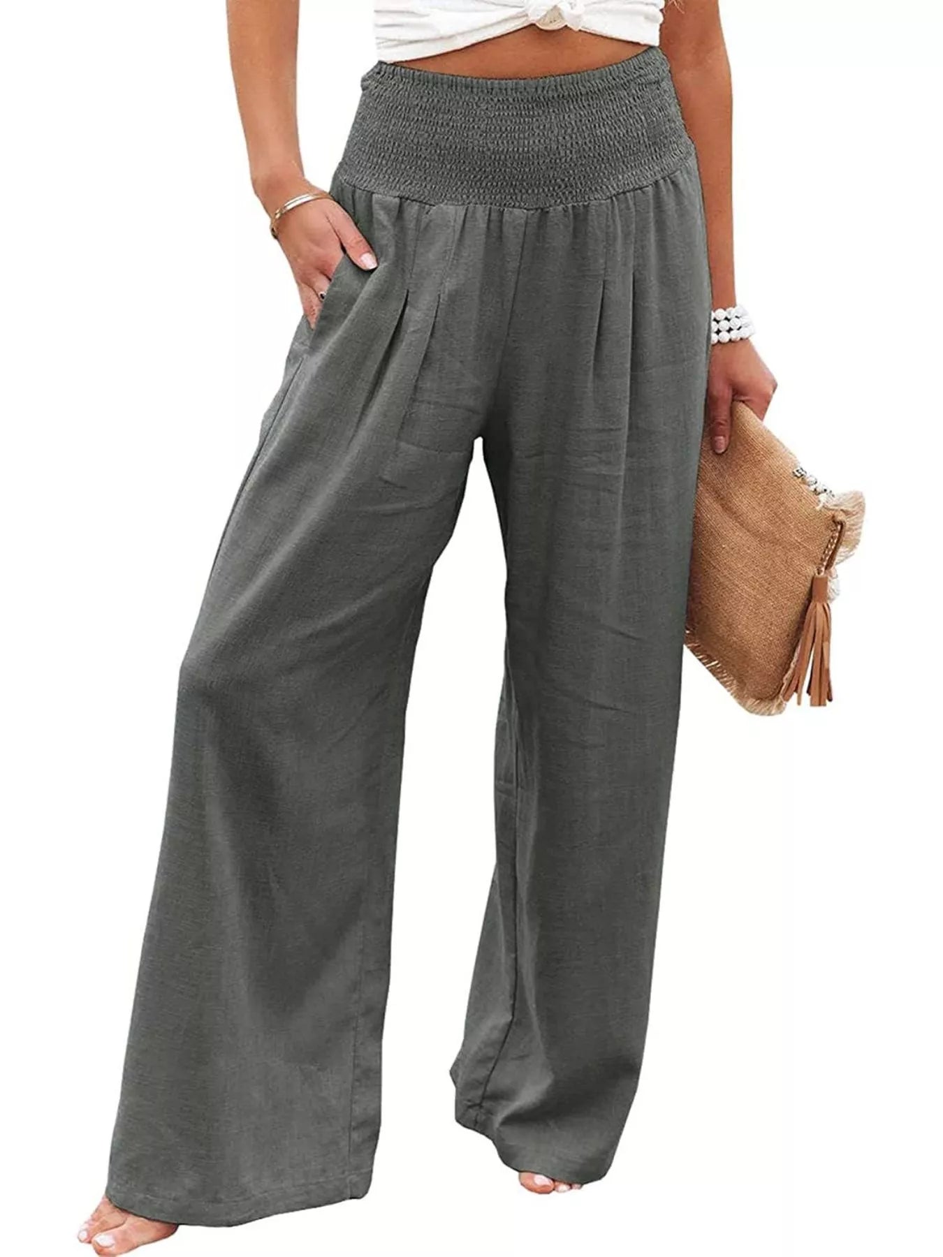 Smocked High Waisted Wide Leg Pants  Shop One Place
