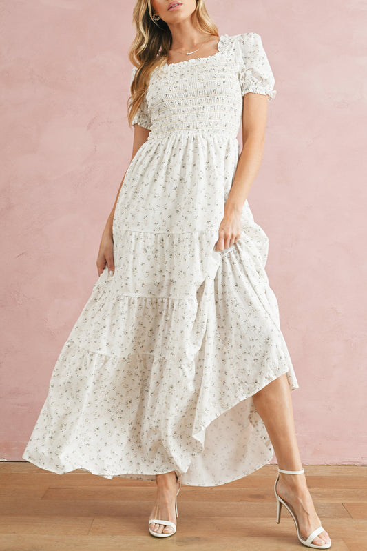 White Frill Neckline Shirred Bodice Floral Maxi Dress  Shop One Place