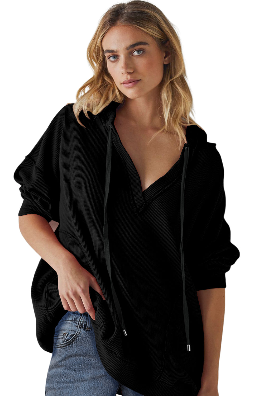 Black Oversize Waffle Drop Shoulder Exposed Seam V Neck Hoodie  Shop One Place