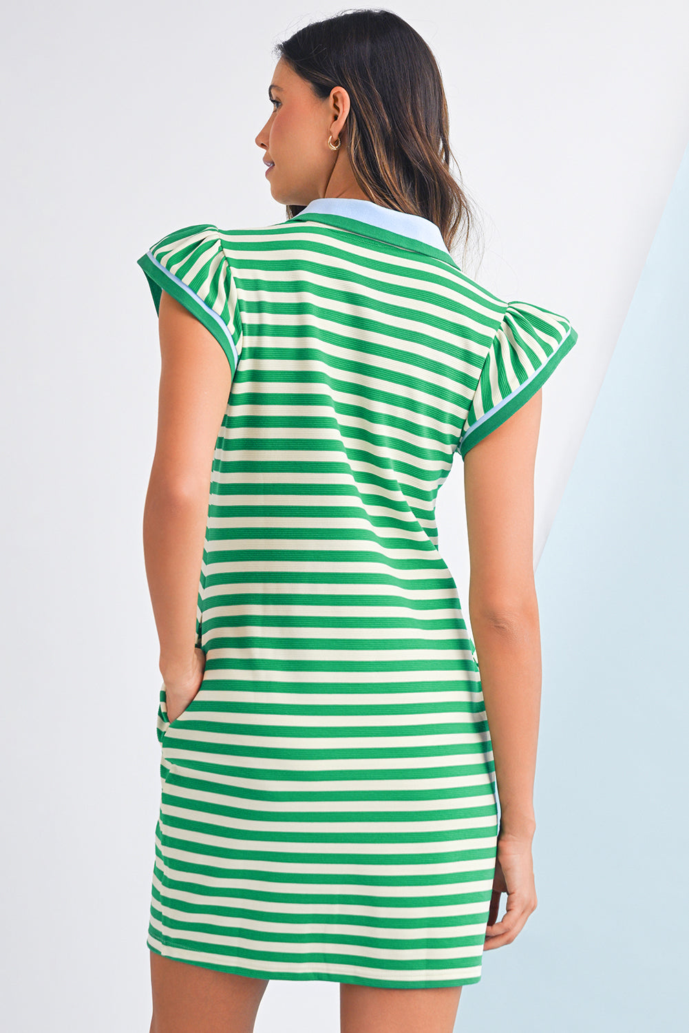 Dark Blue Striped Ruffle Short Sleeve Pop of Color Neckline Dress  Shop One Place