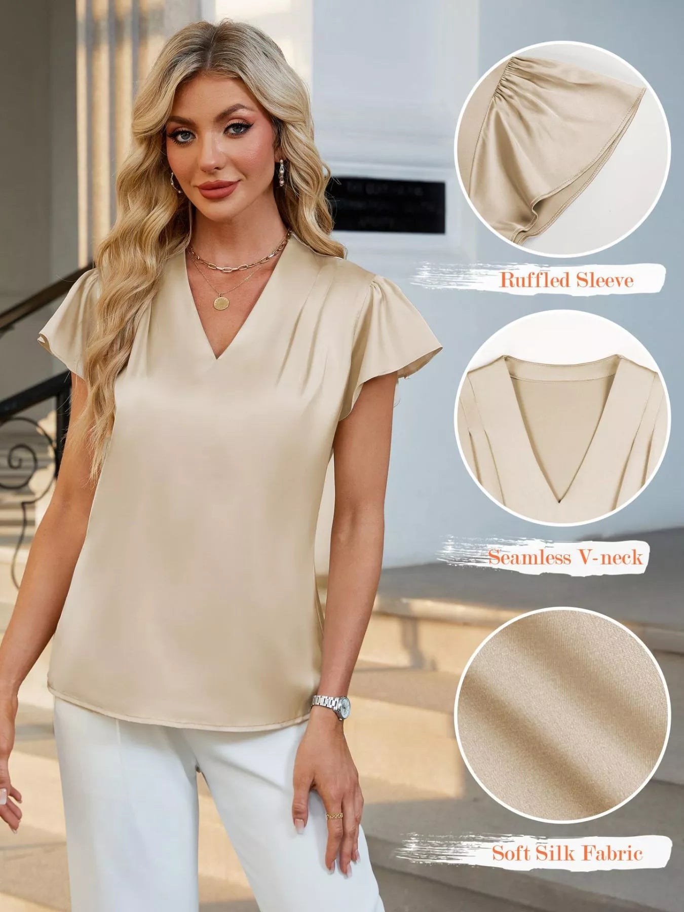 Satin V-Neck Flutter Sleeve Blouse  Shop One Place