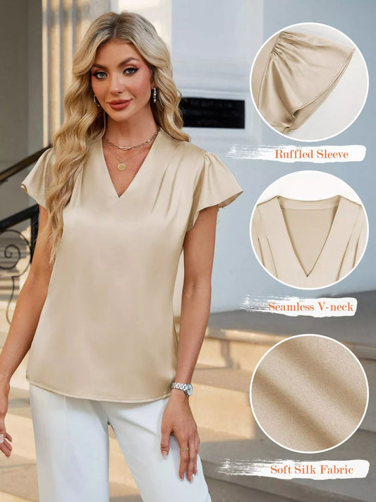 Satin V-Neck Flutter Sleeve Blouse  Shop One Place