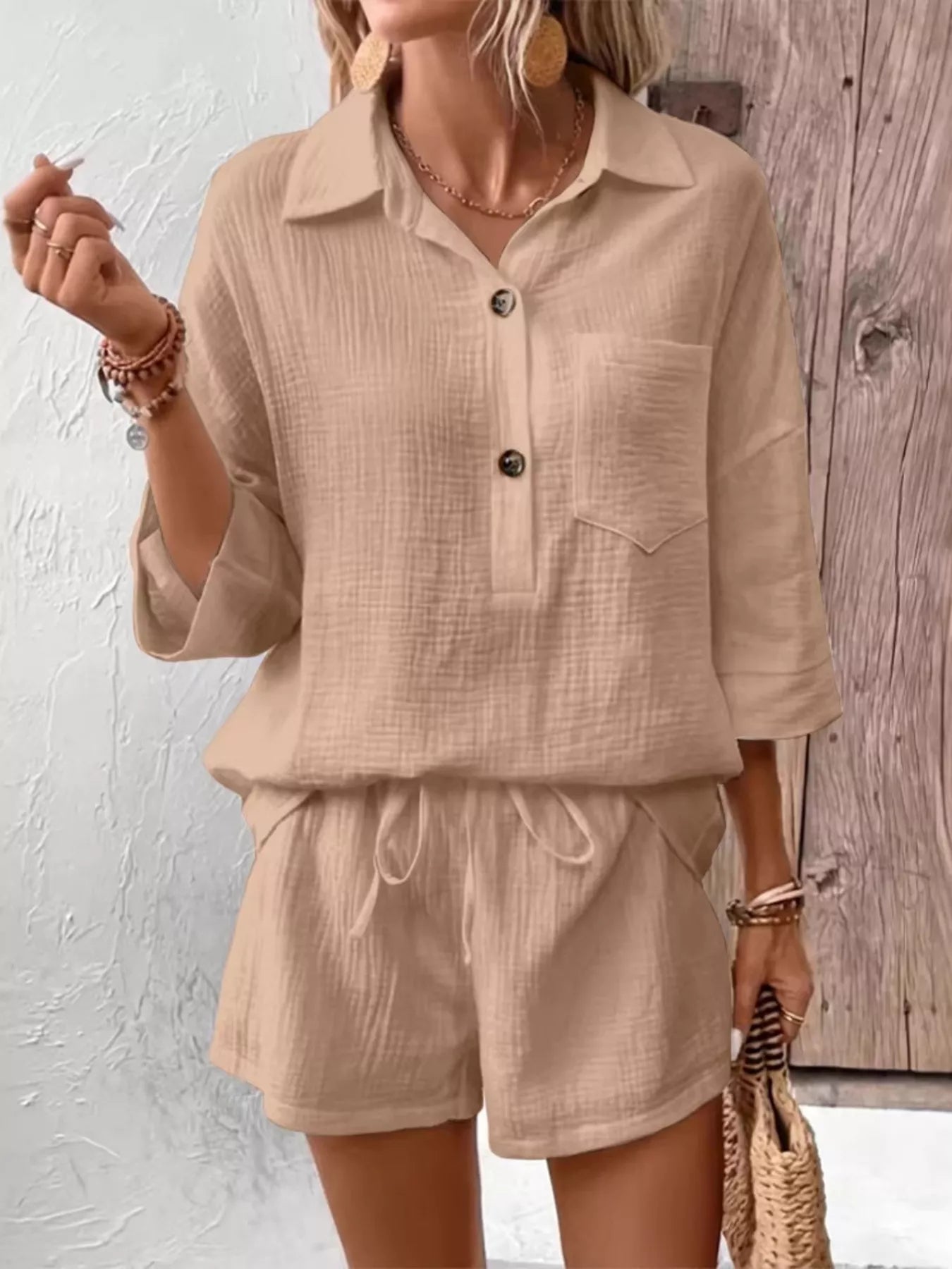 Button Detail Top and Shorts Set  Shop One Place