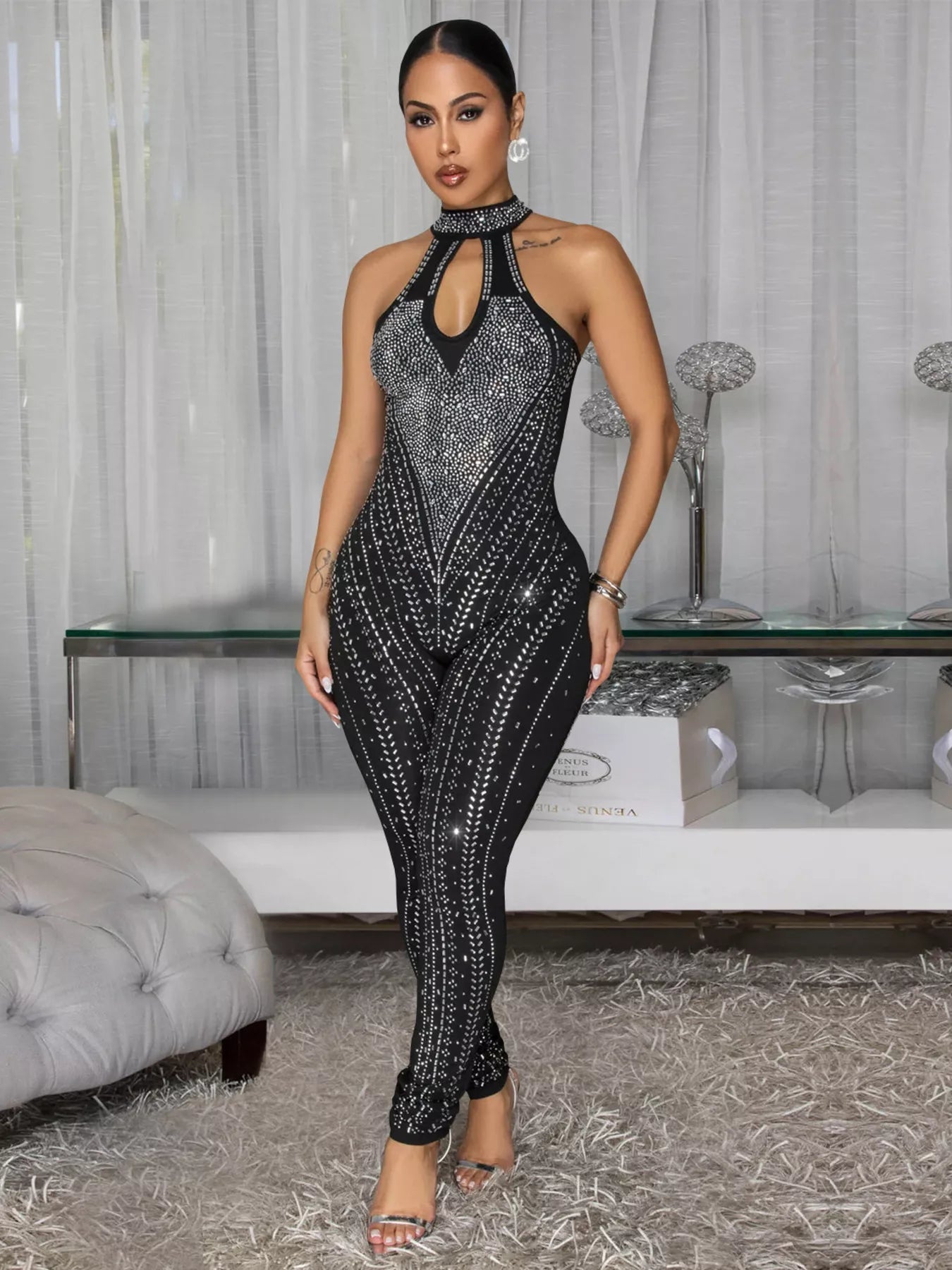 Sparkling Rhinestone Cutout Jumpsuit  Shop One Place