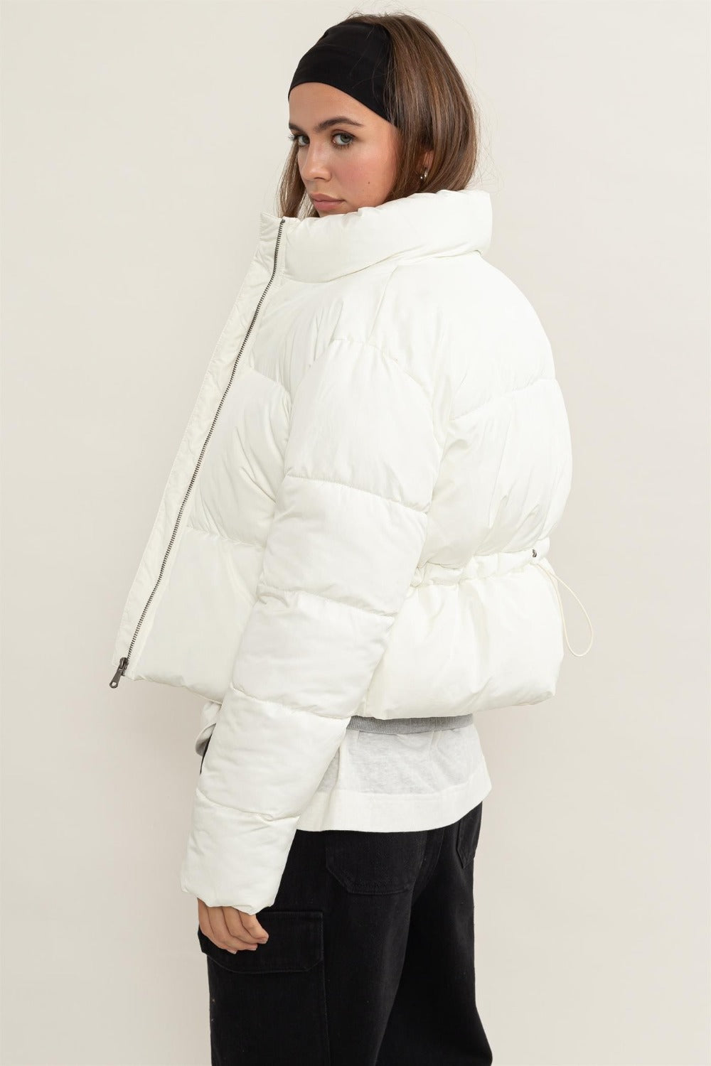 HYFVE Cream Quilted Back Drawstring Puffer Jacket