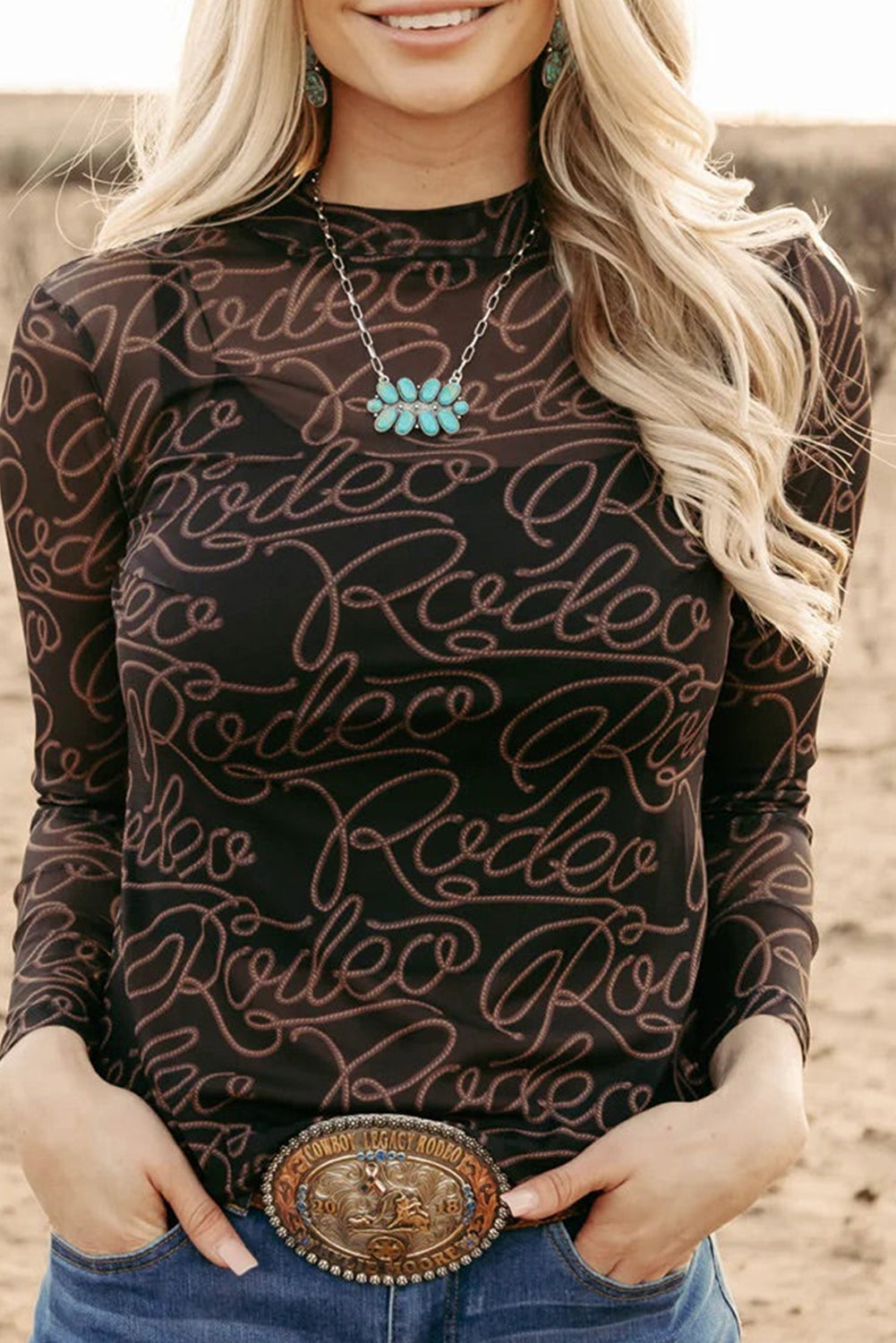 Black Letter Print Mock Neck Long Sleeve Mesh Top