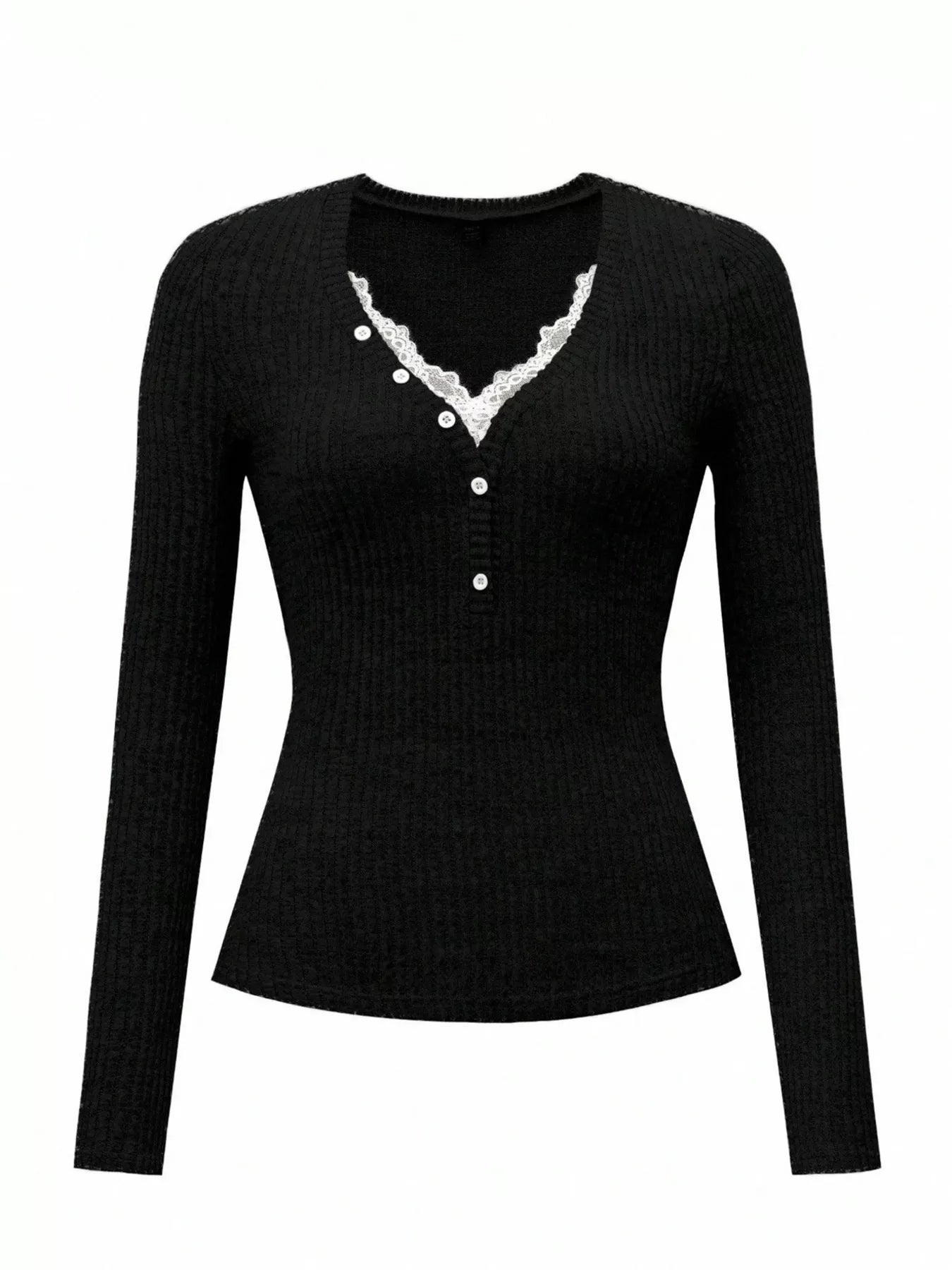 Ribbed Knit Lace Trim T-Shirt  Shop One Place