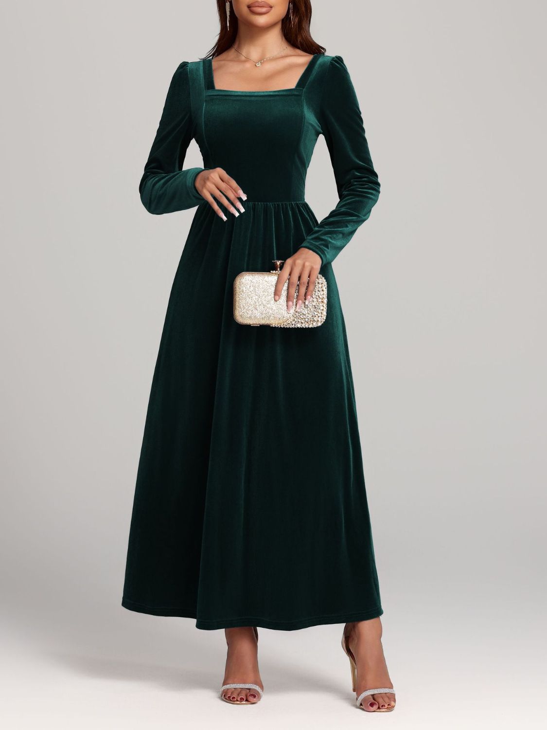 Velvet Square Neck Long Sleeve Dress  Shop One Place