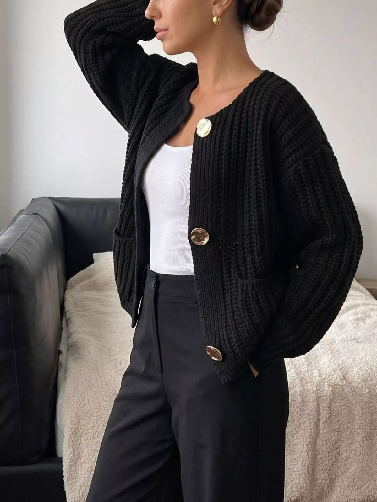 Ribbed Knit Cardigan with Gold-Tone Buttons  Shop One Place