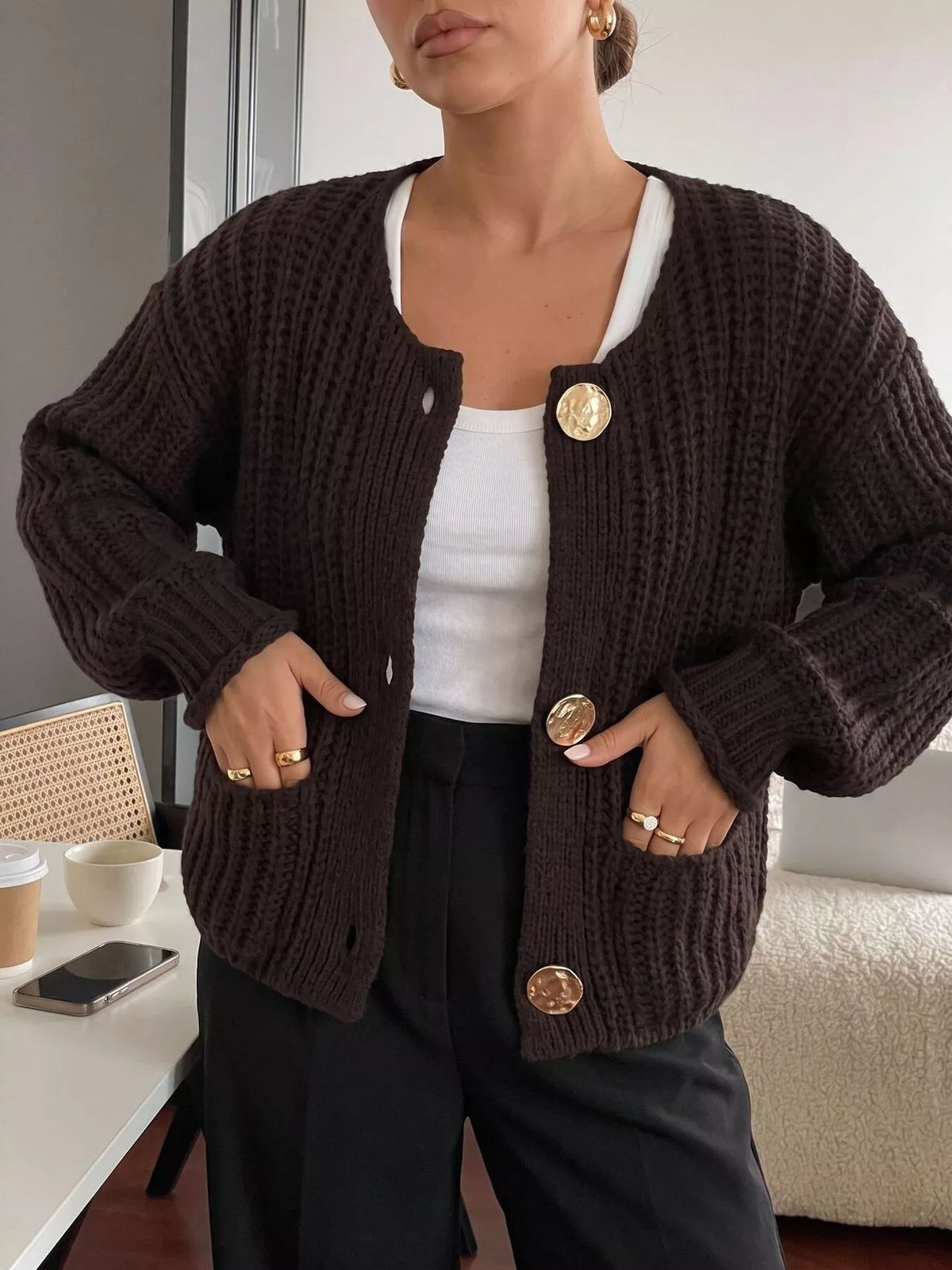 Ribbed Knit Cardigan with Gold-Tone Buttons  Shop One Place