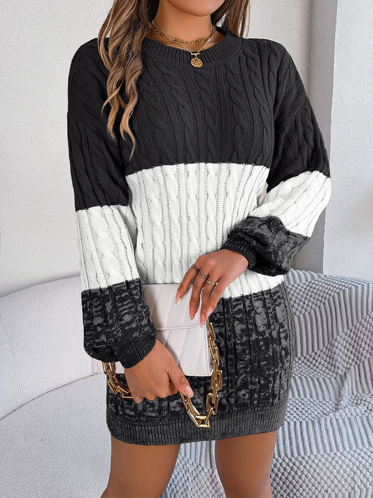 Cable-Knit Round Neck Color Block Sweater Dress  Shop One Place