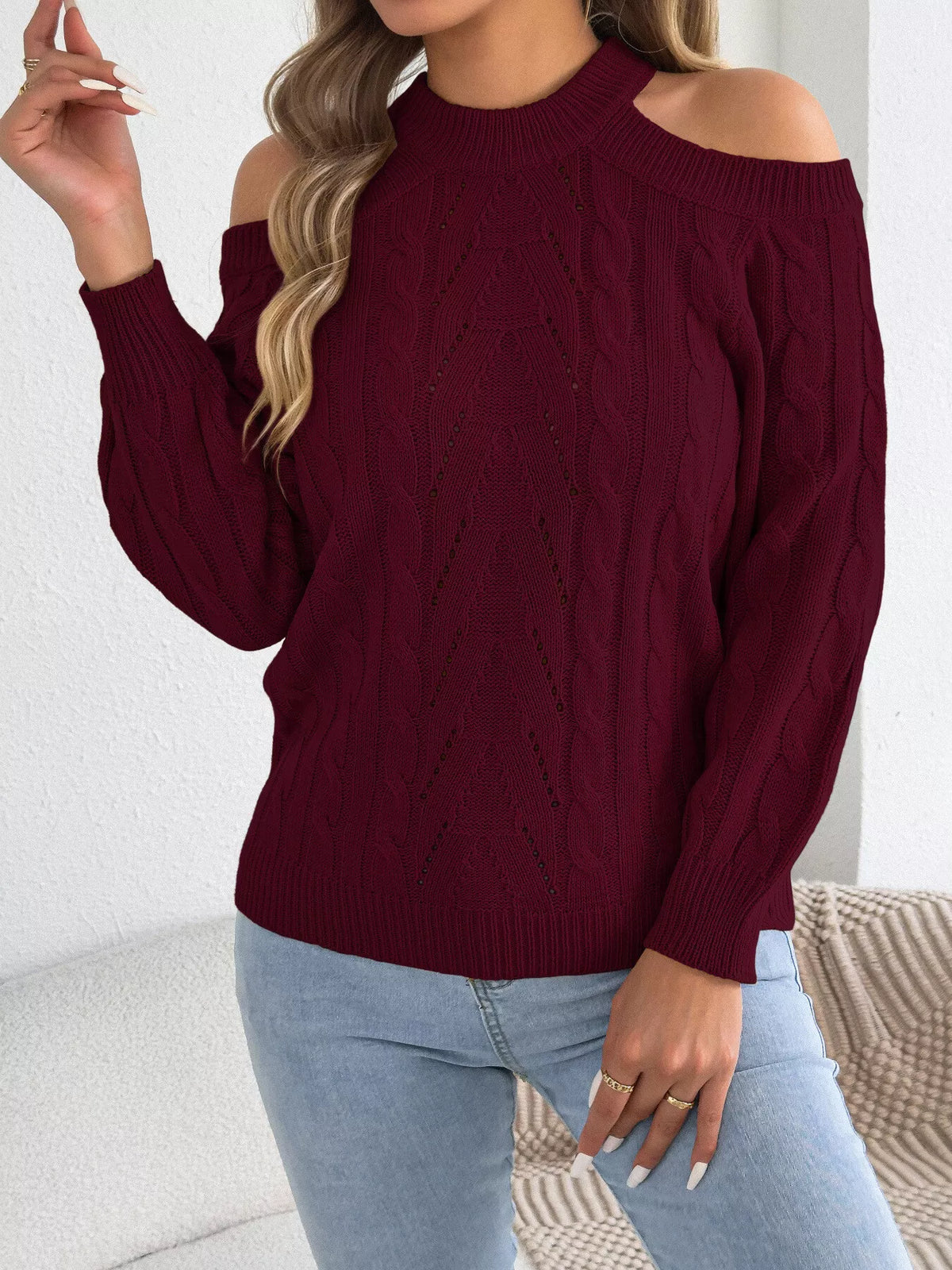 Women's Cold Shoulder Cable Knit Sweater – view 17